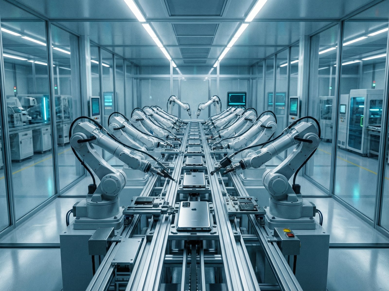 A detailed composition showing a high tech automated factory production line for premium smartphones. Robotic arms are precisely assembling sleek metallic components under cool bright industrial lighting. The atmosphere is professional and sophisticated. 4:3 aspect ratio no visible text.