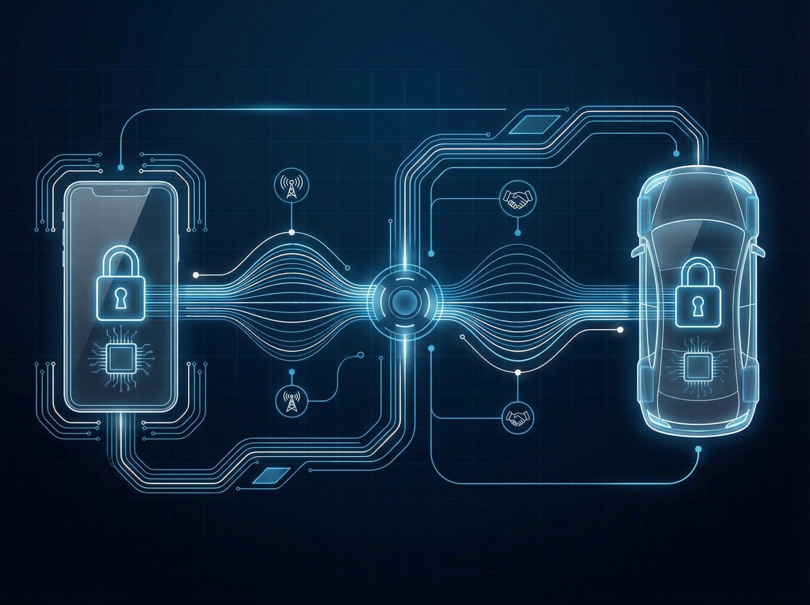 A conceptual diagram showing a smartphone interacting with a car, illustrating secure hardware elements for digital car keys. Modern, clean design with digital lines connecting phone to car. Informational style, clean infographic, modern layout, high contrast, aspect ratio 4:3, no visible text, No Korean text.