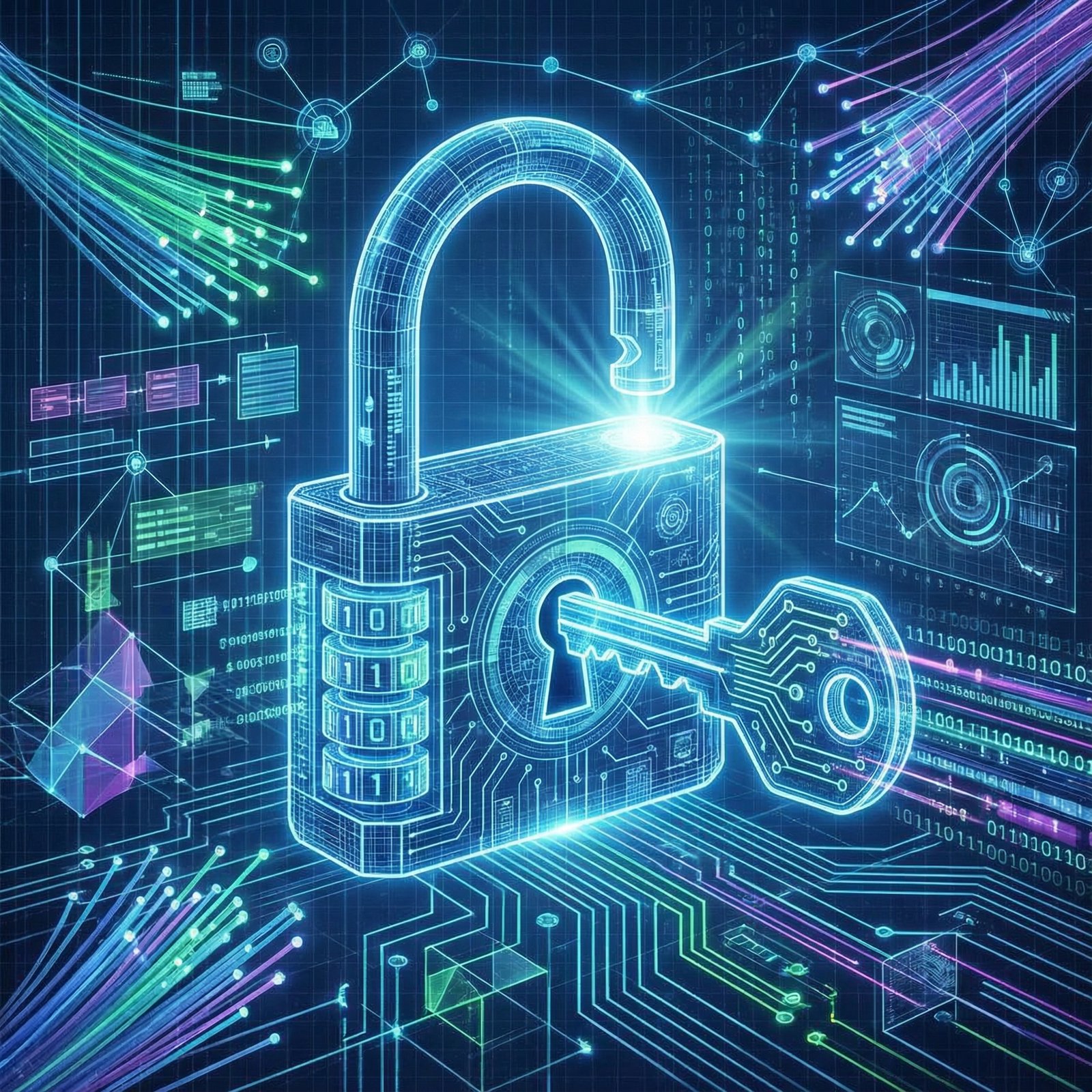 A detailed illustration of a digital lock being opened by a key, set against a background of network connections and abstract data patterns. No visible text. Aspect ratio 1:1.