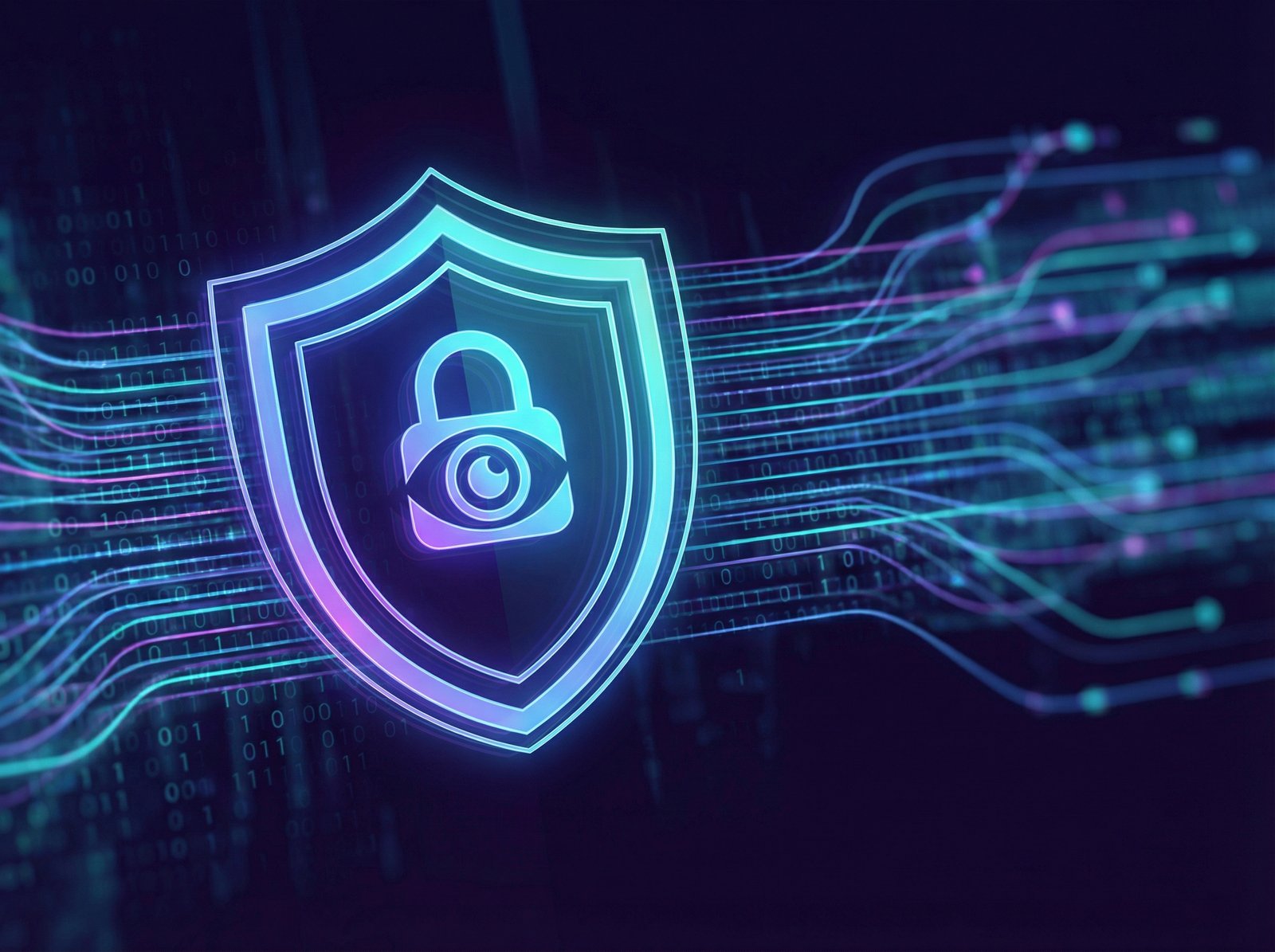 A sleek digital privacy shield icon over a blurred background of abstract data streams, symbolizing protection of user information. The style is informational, modern layout, high contrast, no visible text, 4:3 aspect ratio, colored background.