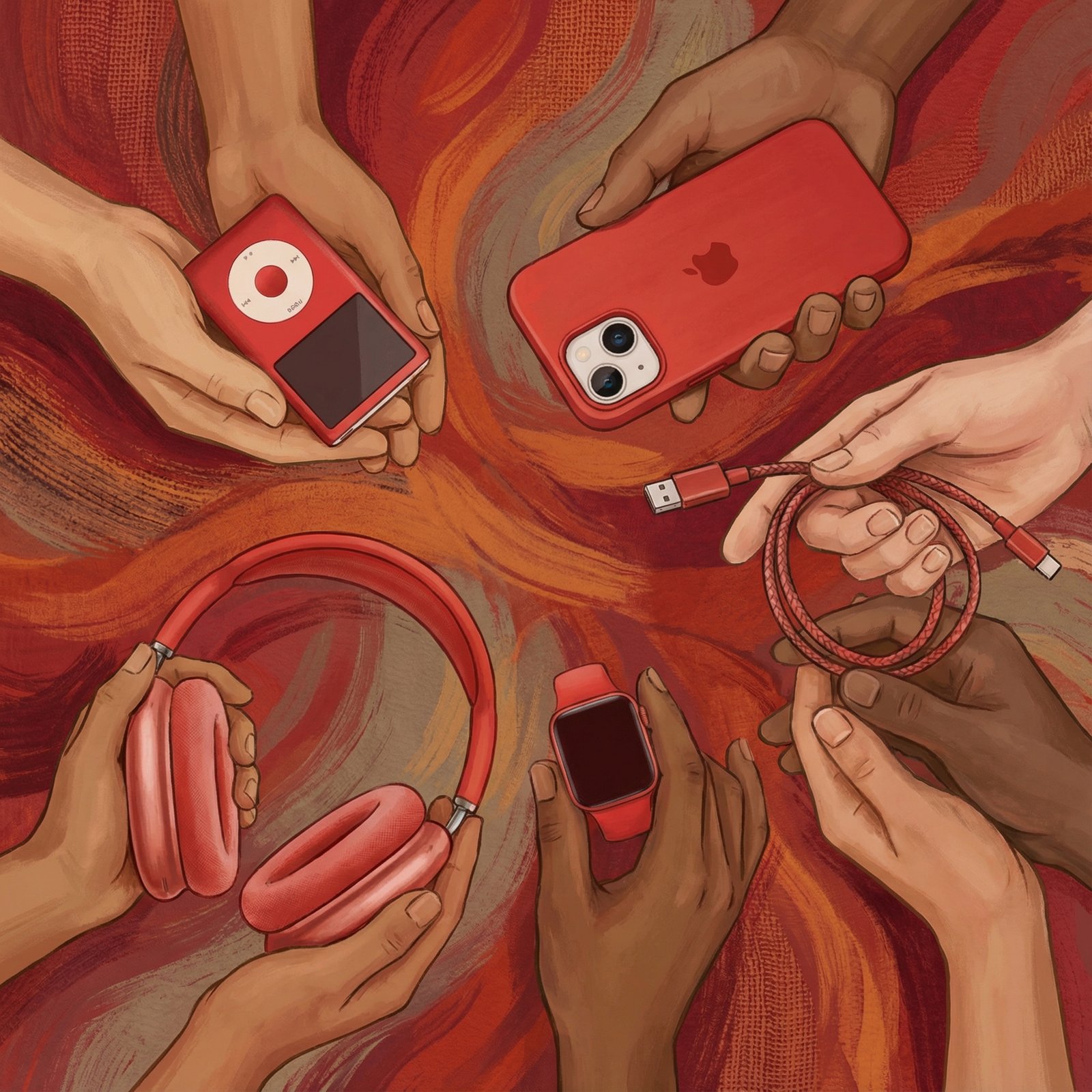 Diverse hands holding various red-colored Apple products such as iPhone, iPod, and accessories, symbolizing the long-standing (PRODUCT)RED partnership. Illustration style, artistic rendering, textured background, aspect ratio 1:1, no visible text.