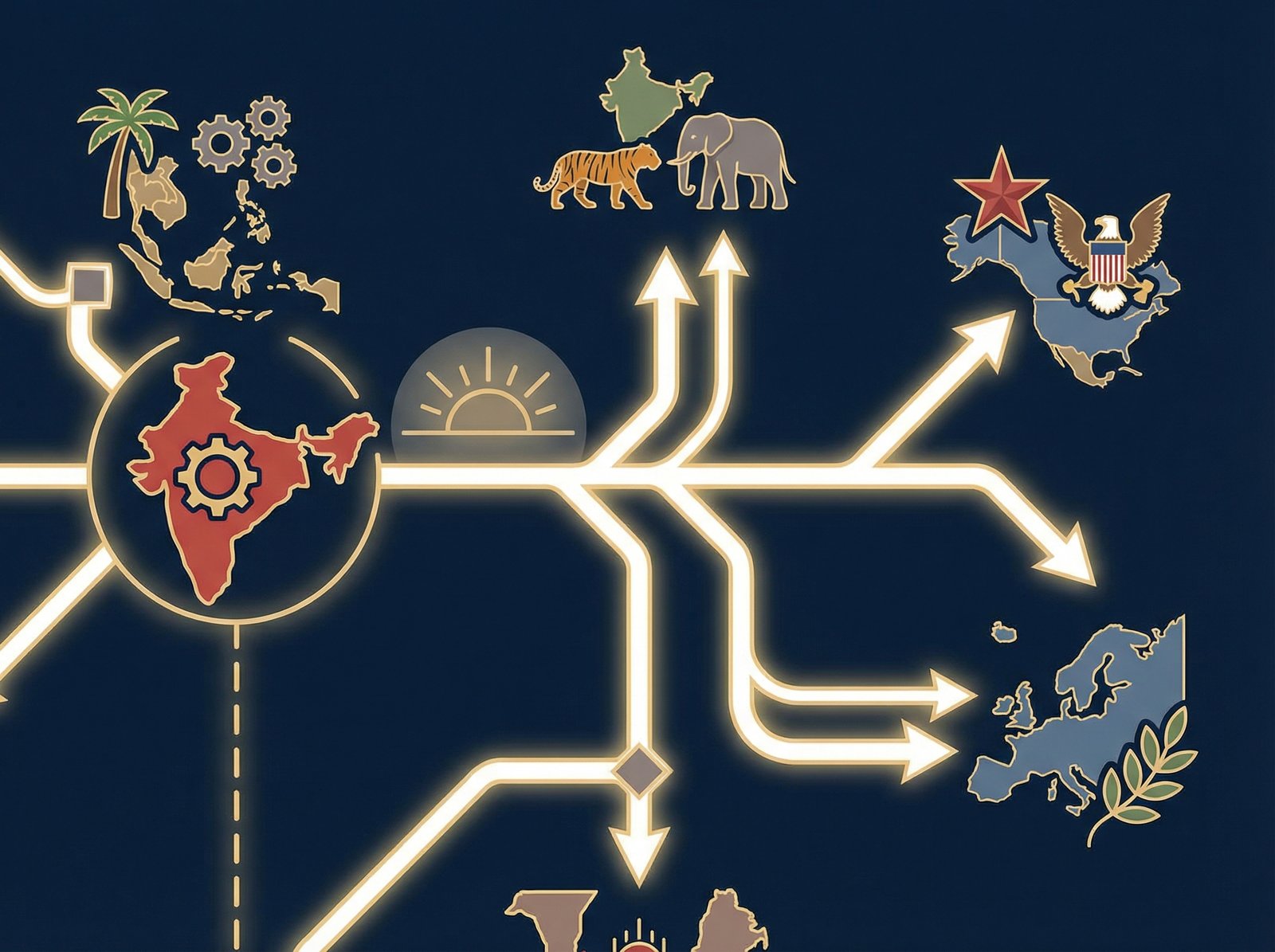 A strategic roadmap with arrows pointing away from China towards other global manufacturing hubs, illustrating Apple's supply chain diversification efforts. Informational style, high contrast, 4:3 aspect ratio, no visible text.