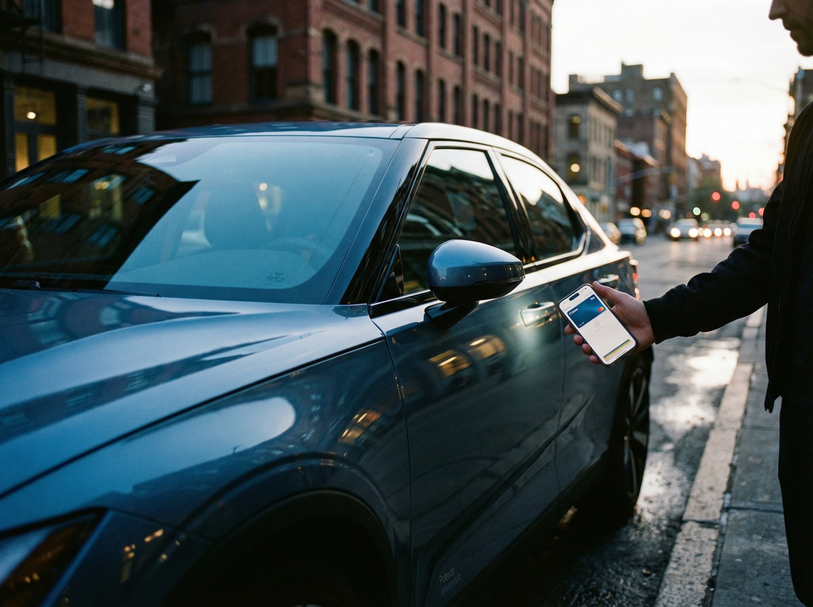 A person's hand holding an iPhone close to a car door handle, suggesting the use of an iPhone car key. The car is modern and stylish, in an urban setting during twilight. The focus is on the interaction between the iPhone and the car, with soft, natural lighting. Aspect ratio 4:3, no visible text.