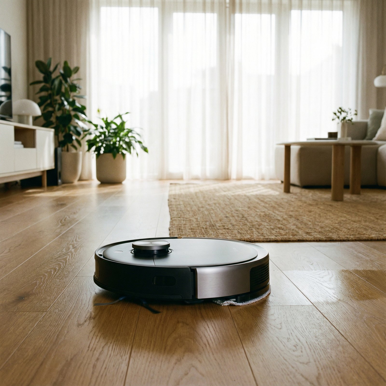 An Ecovacs Deebot robot vacuum with a sleek, modern design, actively cleaning a hardwood floor in a well-lit home. Soft, diffused natural light. Aspect ratio 1:1, no visible text.