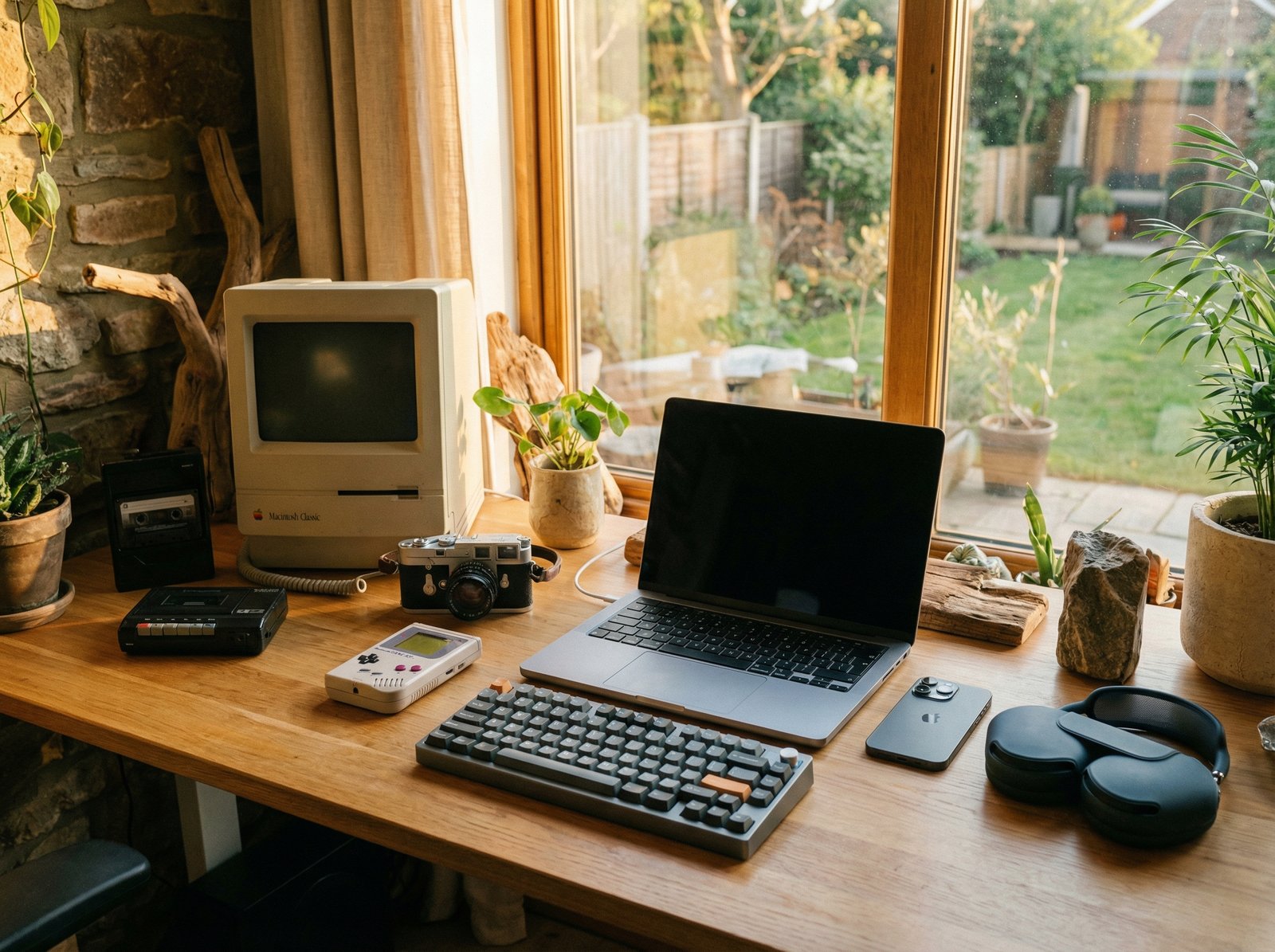 A variety of modern and retro tech gadgets on a minimalist desk, warm lighting, natural setting, no visible text, aspect ratio 4:3