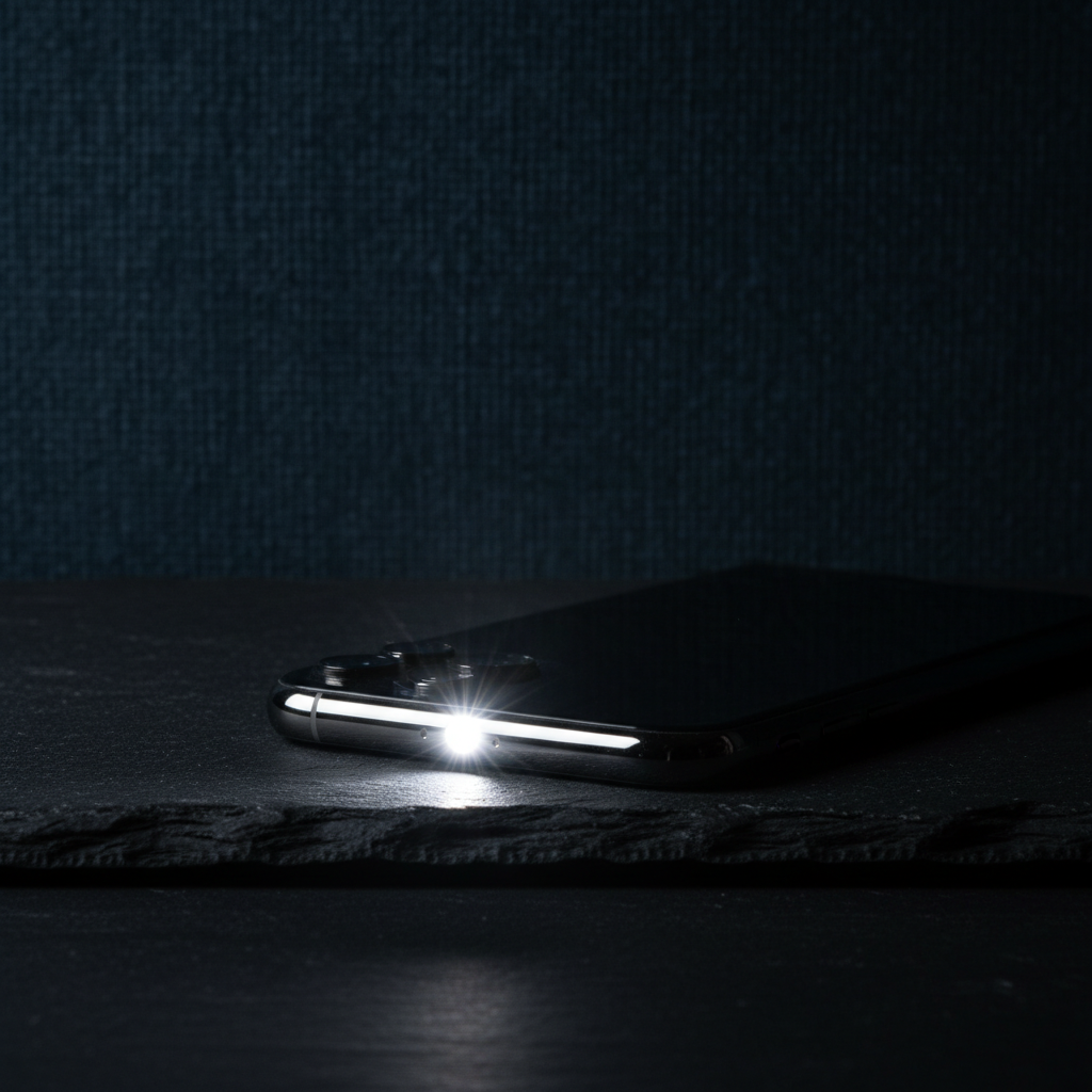An iPhone lying on a dark surface with its camera LED flashing brightly, cinematic contrast, dark blue textured background, 4:3