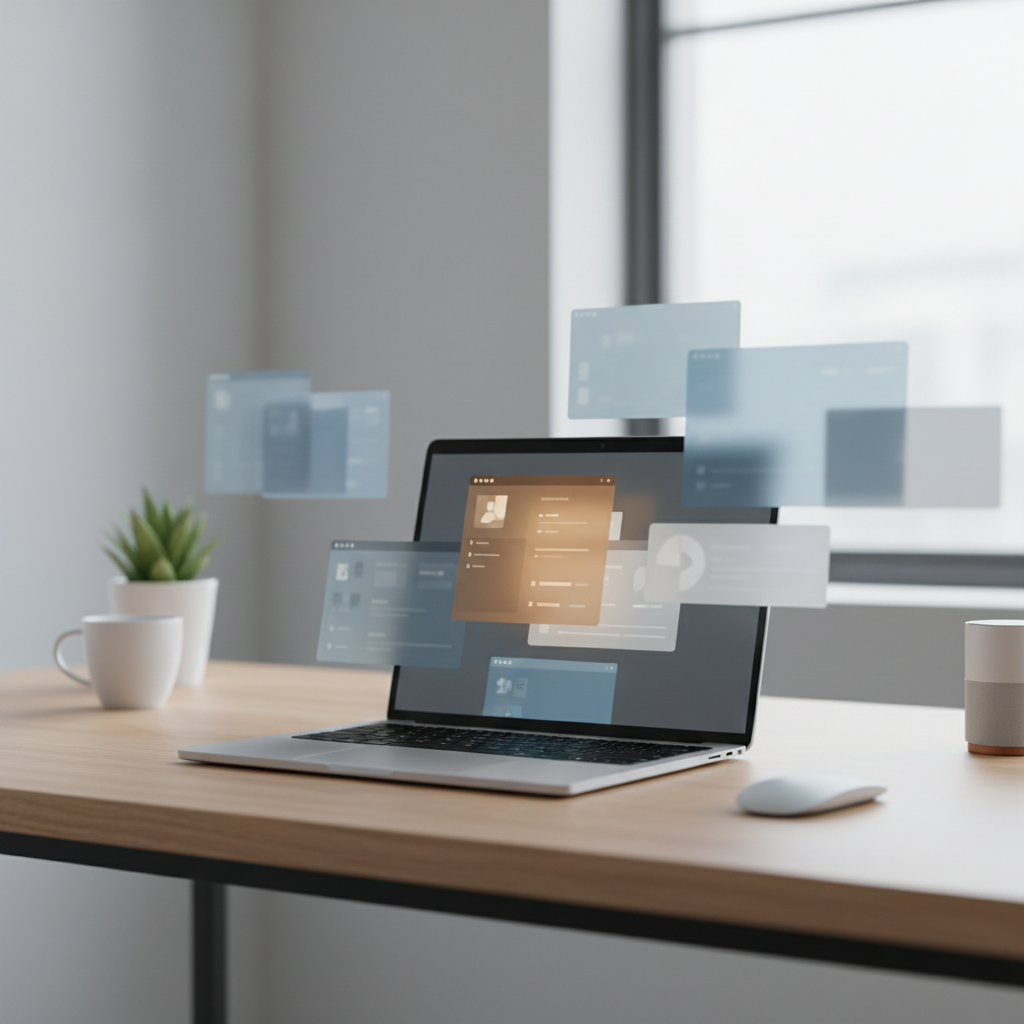 A professional minimalist workspace showing a laptop screen where one main app is highlighted and background windows are artistically blurred, soft focus, modern layout, clean aesthetics, no text, 4:3
