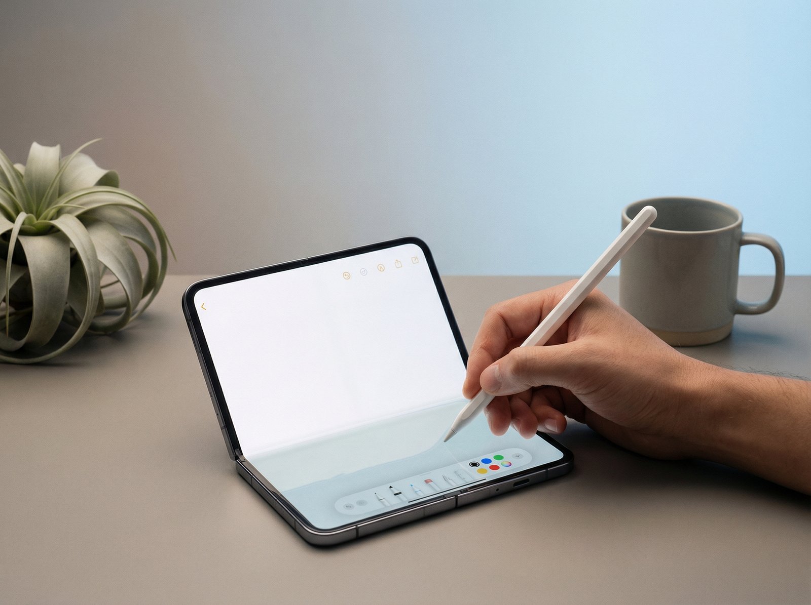 A sleek, modern foldable iPhone, unfolded to a large screen, with a hand holding an Apple Pencil poised to draw or write on it. The background is a minimalist, gradient office desk. Aspect ratio 4:3, no visible text.