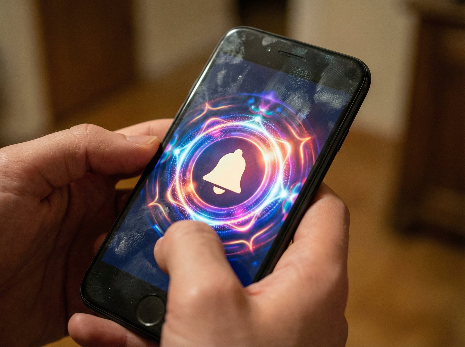 A close-up shot of a smartphone screen displaying a vibrant full-screen alarm notification for a calendar event, ensuring no visible text. The phone is held by hands. Aspect ratio 4:3.