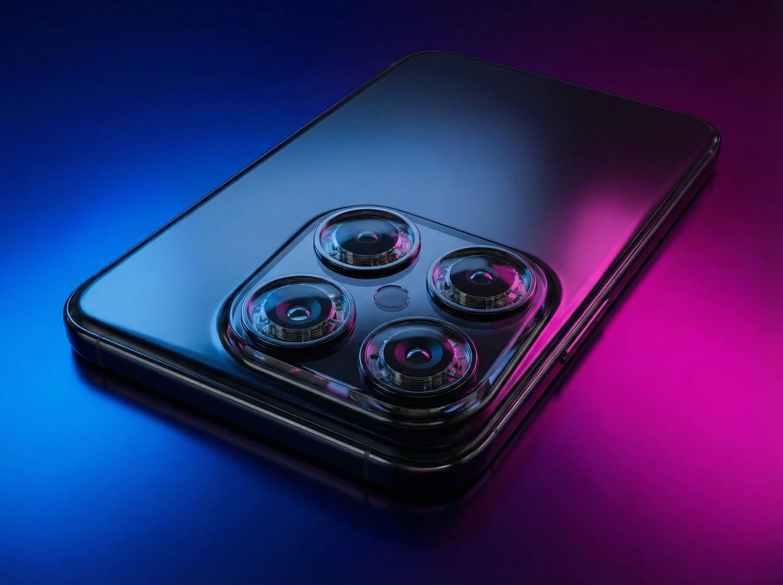 A futuristic iPhone 18 Pro concept with a prominent, redesigned camera plateau on the back, featuring larger apertures. The design is sleek and minimalist, set against a modern, high-contrast gradient background. No visible text. Aspect ratio 4:3.