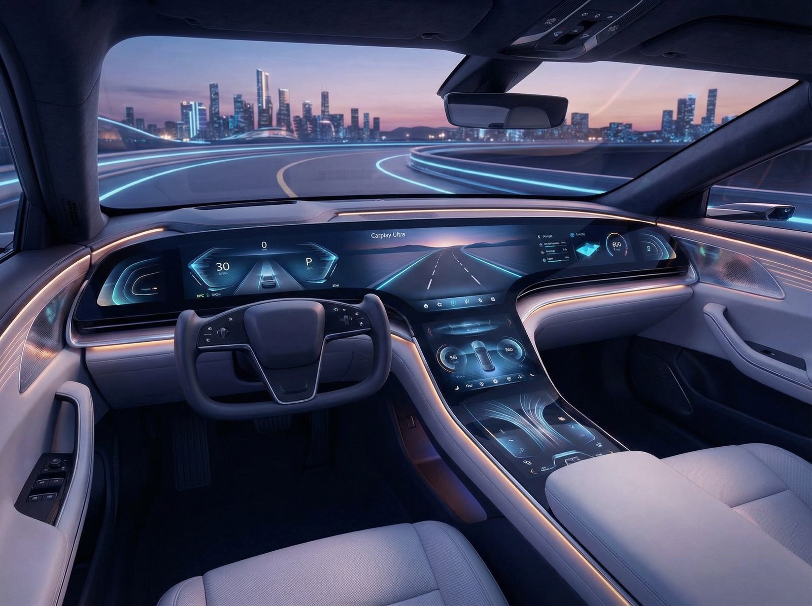 A futuristic car dashboard with an integrated Carplay Ultra display, showing a road ahead and various digital controls. The overall mood is innovative and forward-looking. Aspect ratio 4:3. No visible text.
