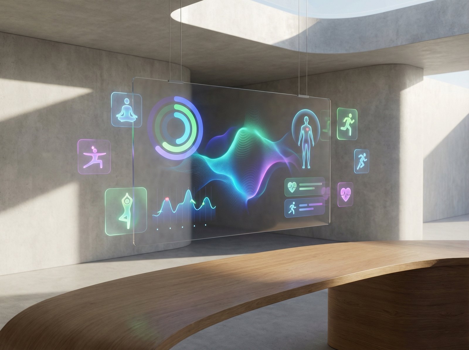 A sleek, futuristic Apple Fitness+ interface displayed on a large, transparent screen in a minimalist setting. Dynamic fitness metrics and personalized recommendations are visible, showing a high level of AI integration. Vibrant colors. no visible text, aspect ratio 4:3