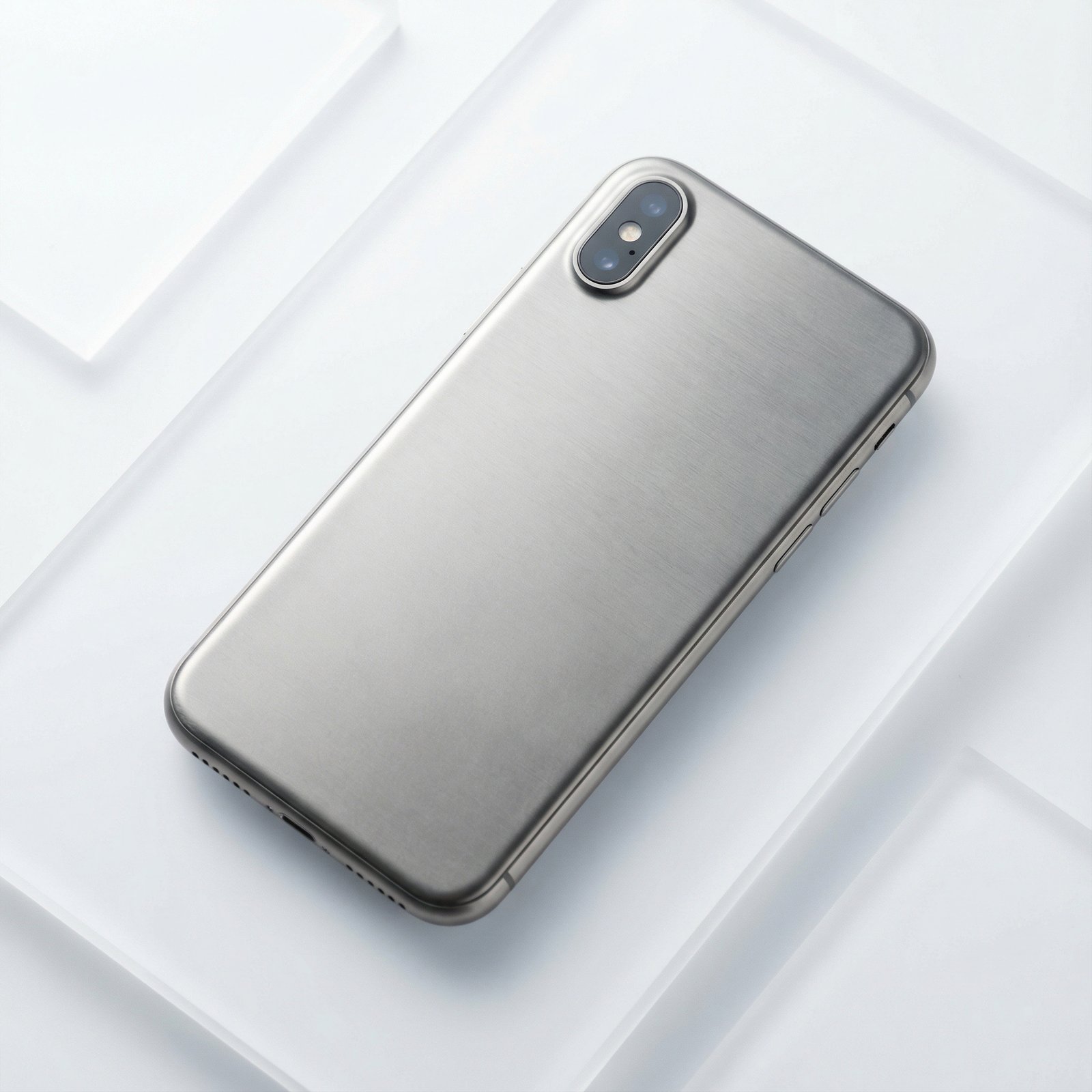 A minimalist and sleek concept for iPhone Air 2, featuring a potential second camera lens on the back, suggesting an upgrade from its predecessor. The phone is presented against a bright, clean, and modern background with subtle geometric patterns. No visible text. Aspect ratio 1:1.