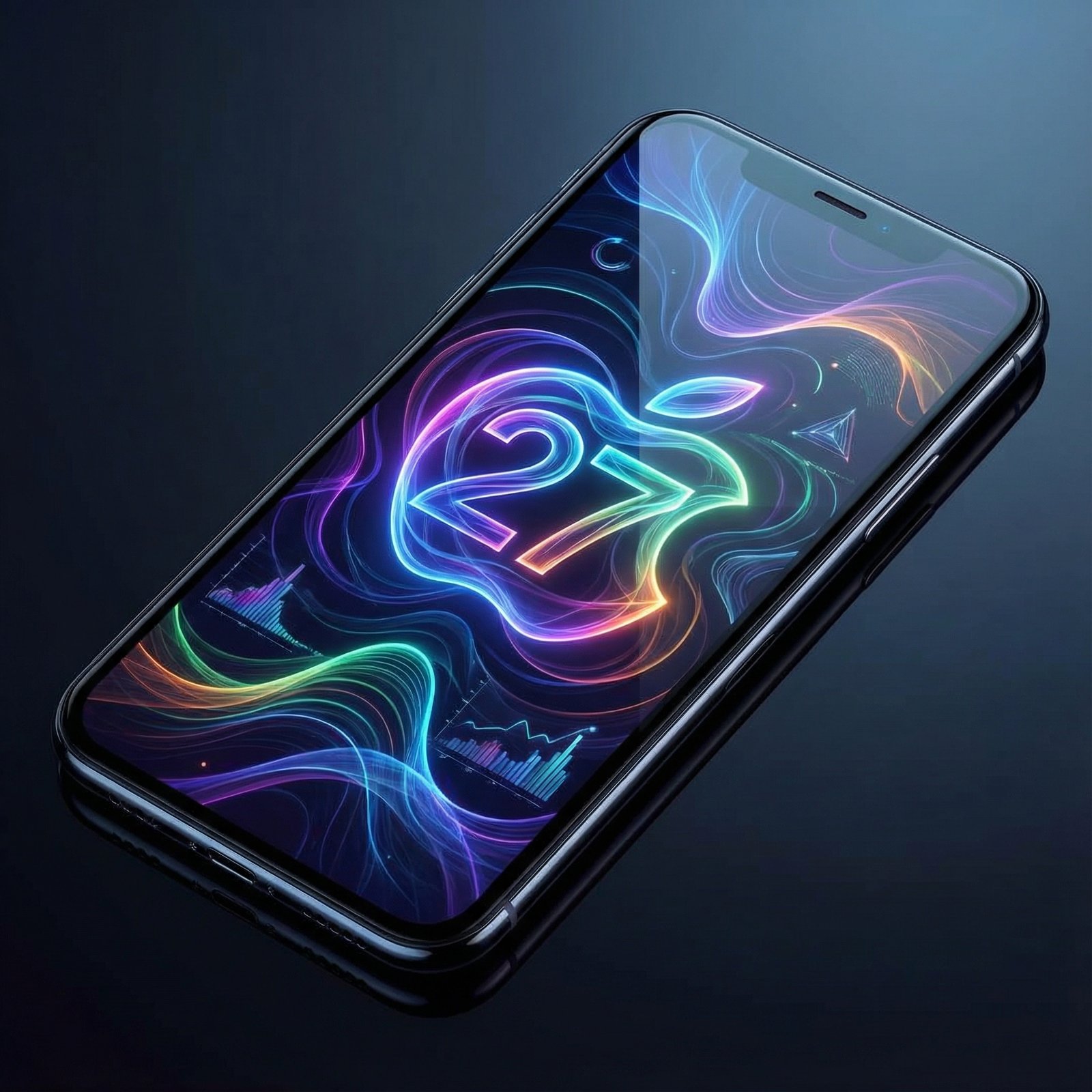 A clean, modern smartphone interface displaying a futuristic iOS 27 logo, vibrant colors, abstract shapes, no visible text, aspect ratio 1:1, informational style.