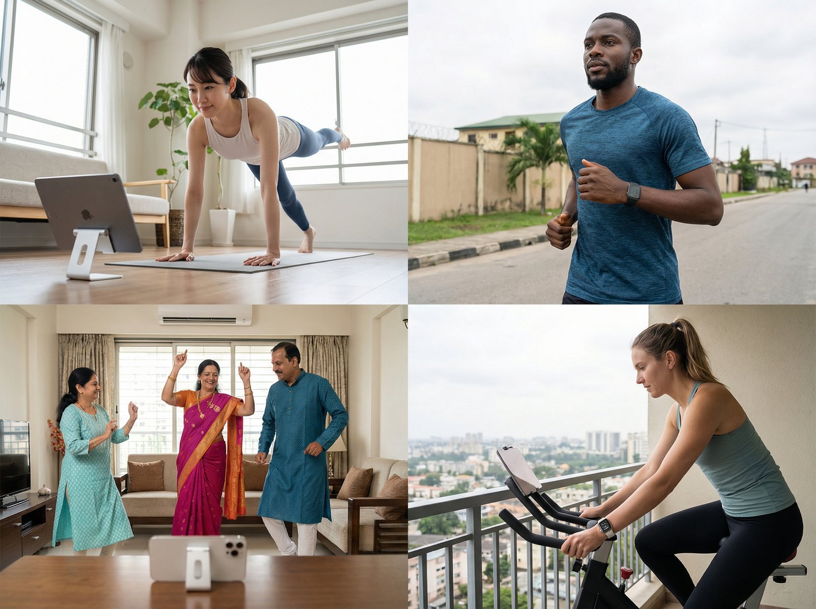 People from different cultures around the world using Apple Fitness+ on various Apple devices like iPhone, iPad, Apple Watch, showing diverse fitness activities, global reach concept, bright and balanced lighting, no visible text, 4:3 aspect ratio