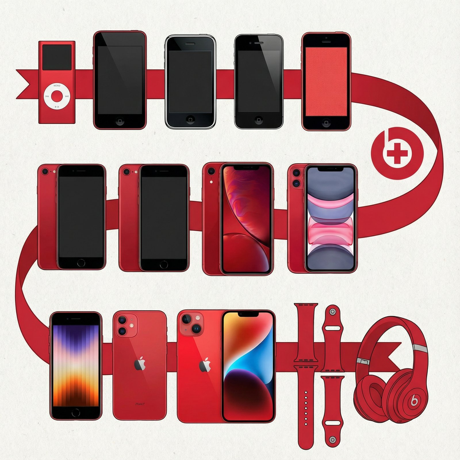 A graphic showing a timeline or collage of Apple products in red, alongside the Global Fund logo and a red ribbon, illustrating a long-standing partnership. Informational style, clean infographic, no visible text, 1:1 aspect ratio.