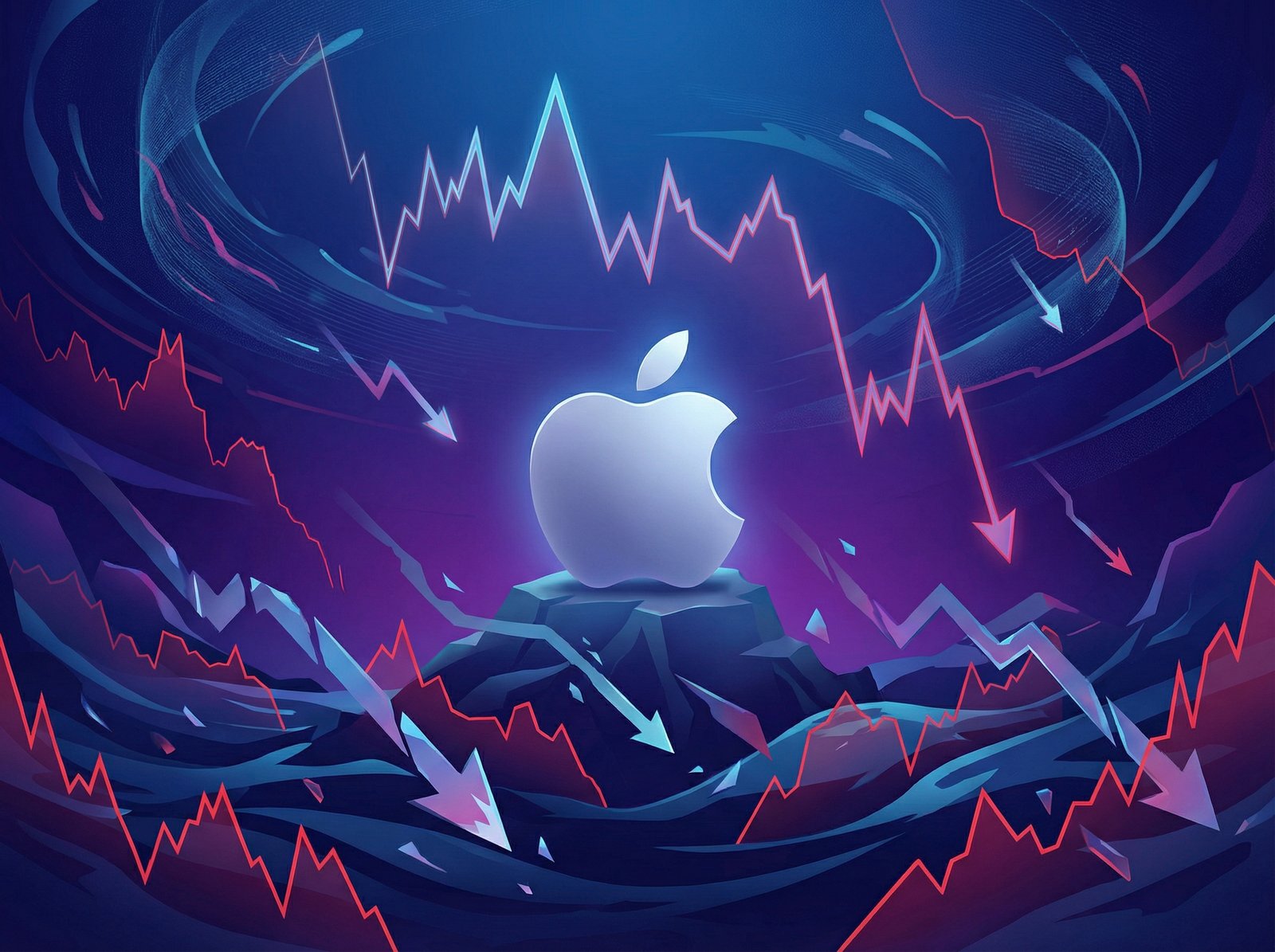 A visual metaphor for the global tech market decline, with graphs showing downward trends. In contrast, a stylized Apple logo stands strong and stable amidst the turmoil. The background is a gradient of deep blues and purples, indicating a serious market. Aspect ratio 4:3, no visible text.