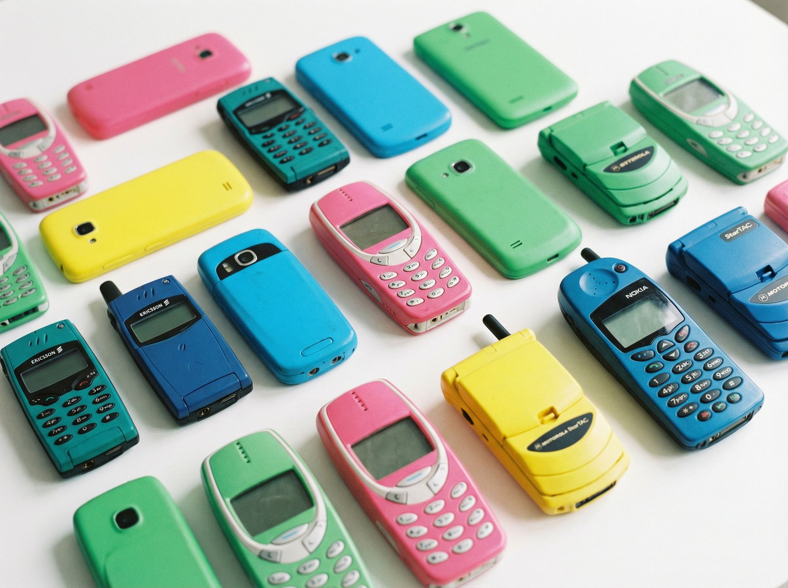 A collection of vintage smartphones in bright plastic colors like pink yellow blue and green arranged neatly on a white background, lifestyle photography, 4:3, no visible text