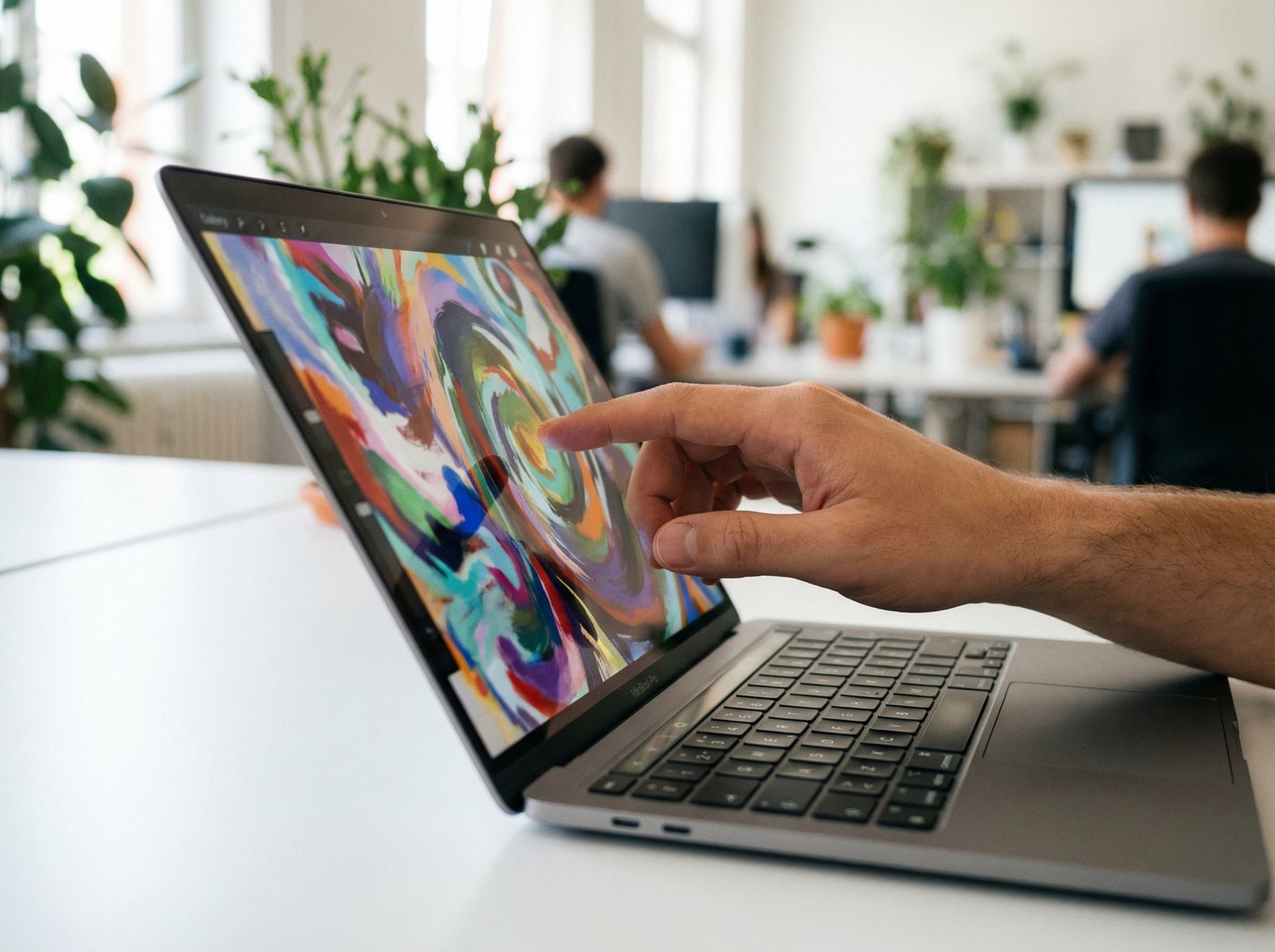 A close-up shot of a hand gently touching the OLED screen of a sleek MacBook Pro, with a blurred office background. The screen displays a creative design application, no visible text, 4:3 aspect ratio.