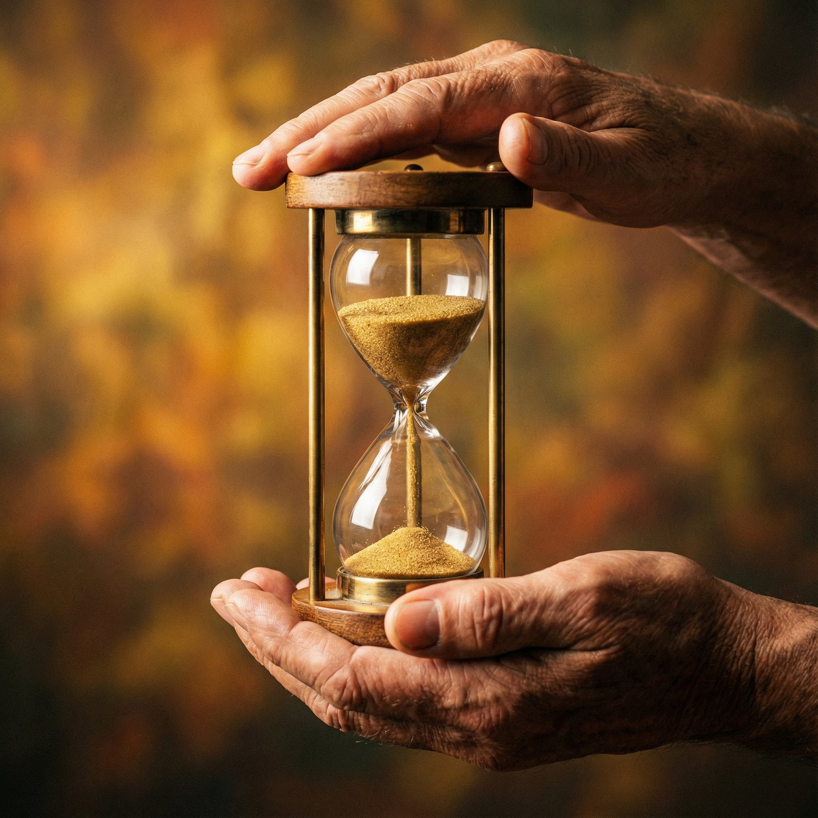 Close-up of human hands gently holding an hourglass, with sand actively flowing. The background is softly blurred with warm, golden light, symbolizing the preciousness and fleeting nature of time. The composition is visually rich with a textured, deep-colored background. Aspect ratio 1:1, no visible text.