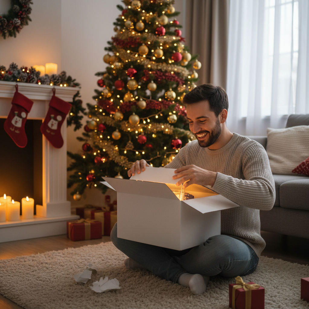 A happy person opening a white delivery package at home, joyful expression, Christmas decorations in the background, soft warm lighting, natural lifestyle setting, no text