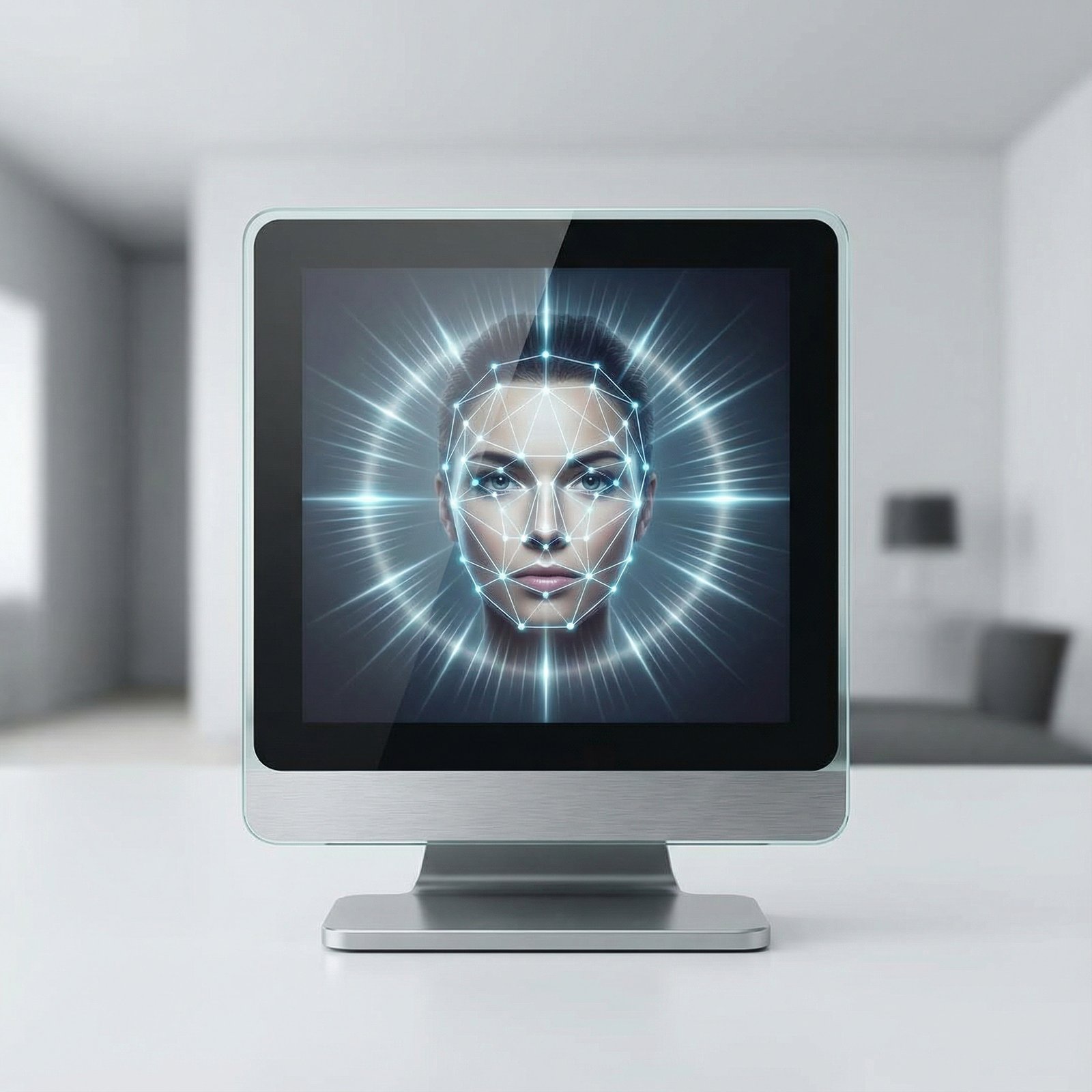 A futuristic 7-inch square touchscreen device, sleek design, acting as a smart home hub. On the screen, a graphic representation of facial recognition identifying a user. Minimalist design. No visible text. Aspect ratio 1:1.