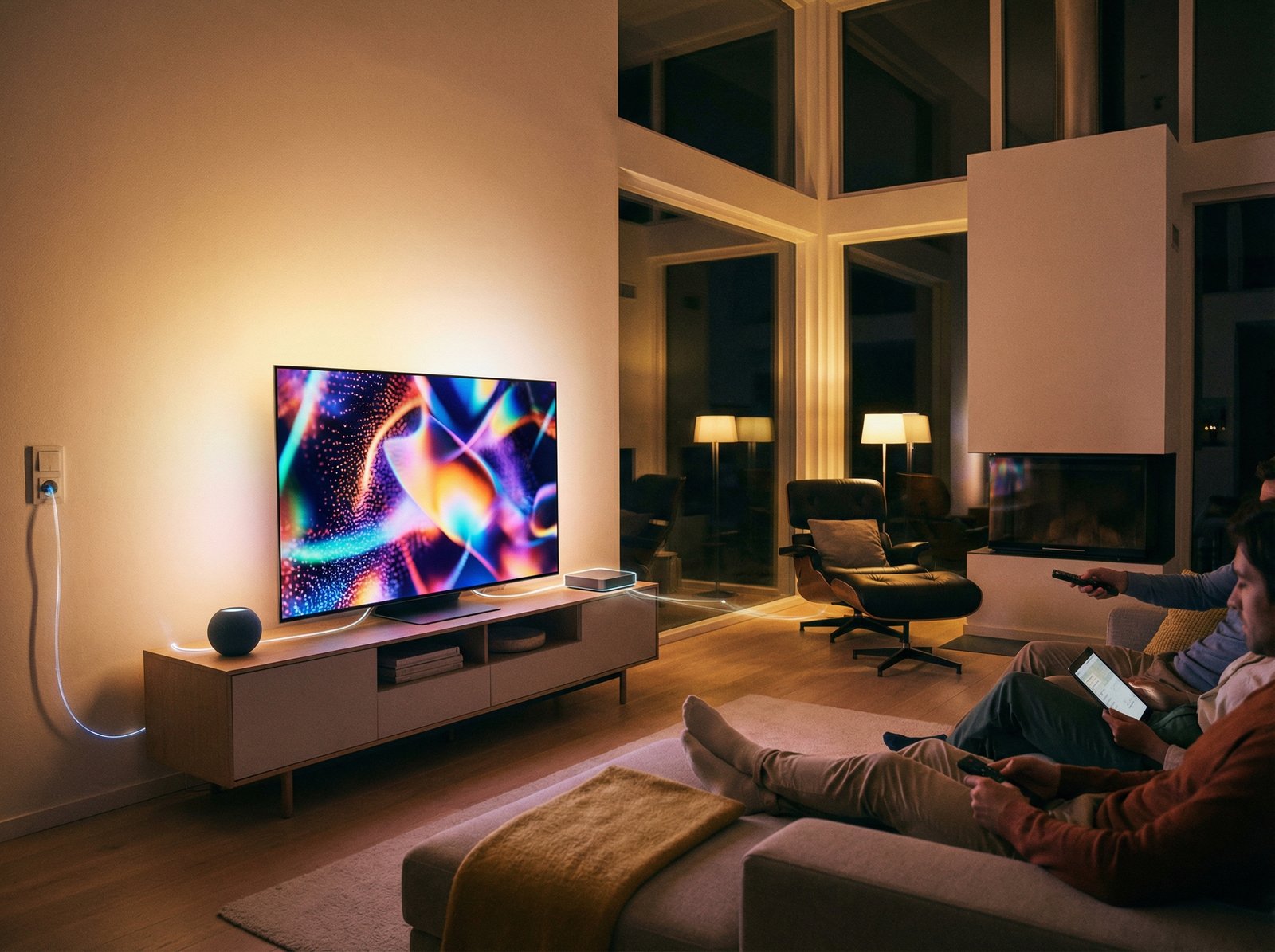 A contemporary living room with a sleek, small smart speaker (like a HomePod mini) and a modern set-top box (Apple TV-like) connected to a large, thin television. Emphasize connectivity and entertainment. No visible text. Aspect ratio 4:3.