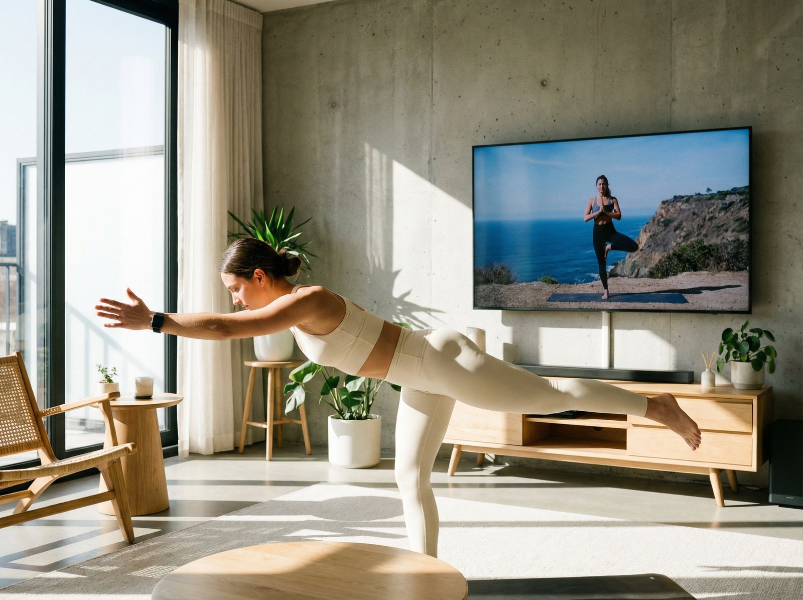 A person doing yoga in a bright and airy minimalist living room, wearing an Apple Watch and following a workout video on a large screen. High contrast, clean layout, lifestyle photography, 4:3 aspect ratio, no visible text.