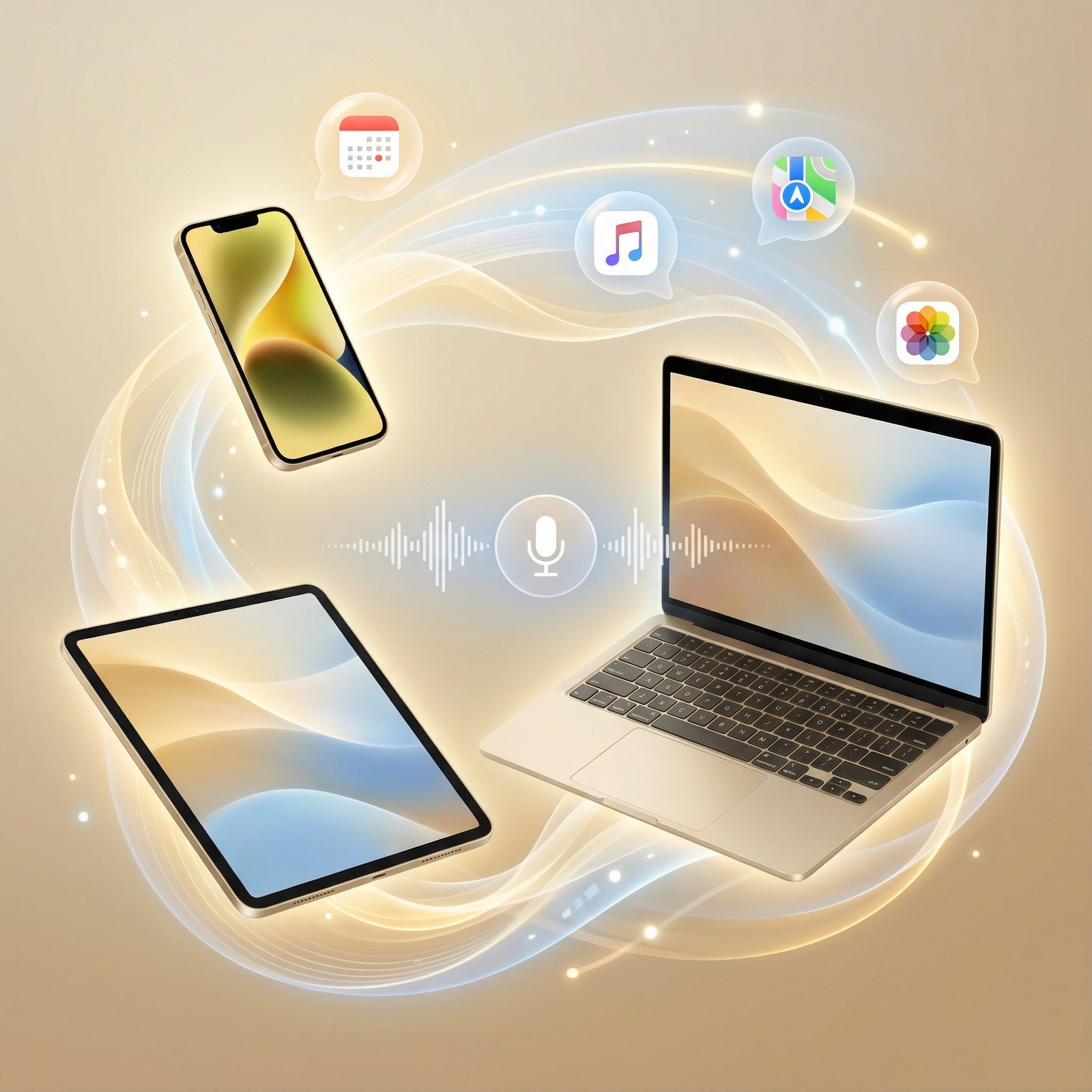 A visual representation of Apple's ecosystem, showing an iPhone, iPad, and Mac seamlessly connected, with subtle AI interfaces like voice commands and smart suggestions overlaid. Emphasize integration and user experience. Aspect ratio 1:1, no visible text.