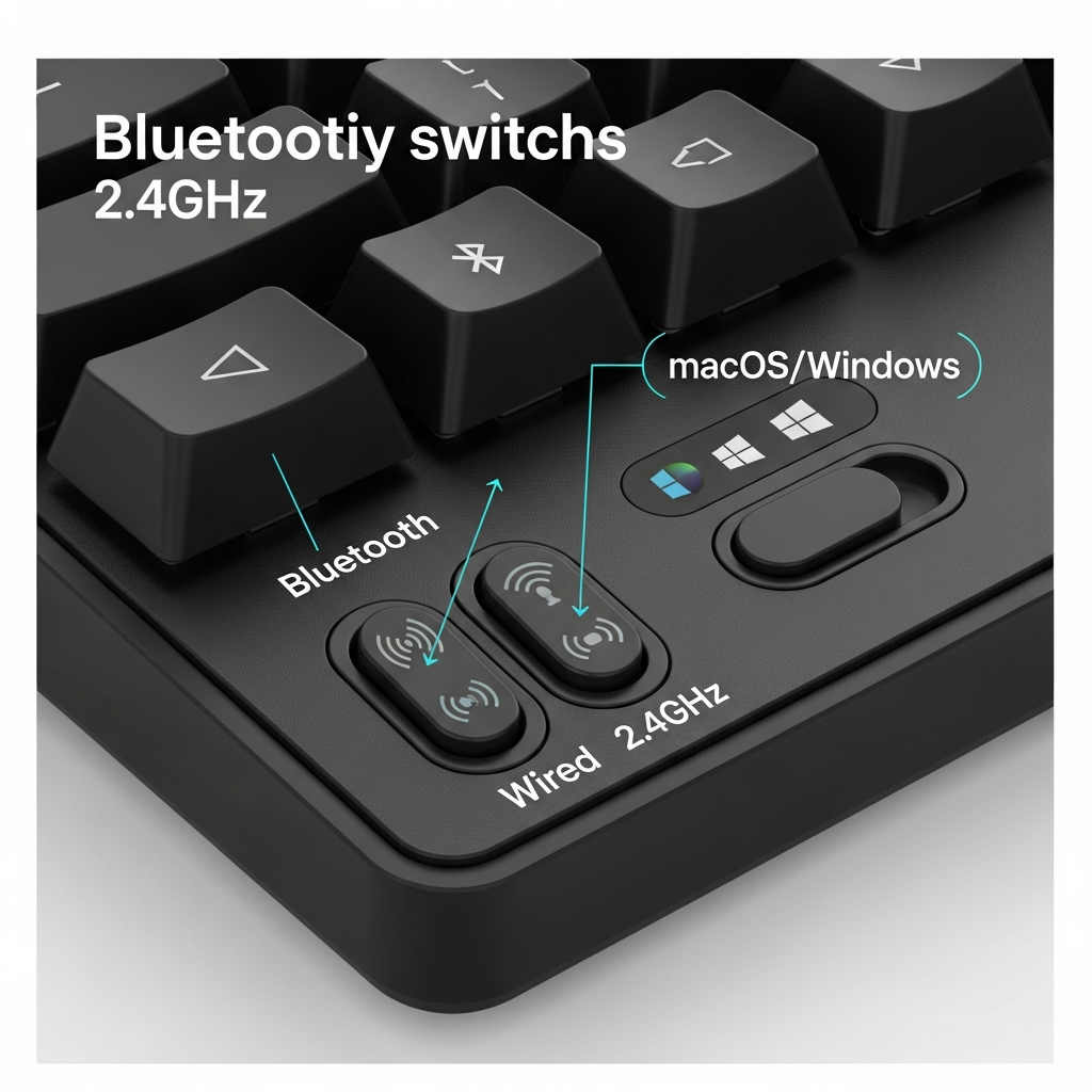 A close-up infographic-style illustration highlighting the different connectivity switches (Bluetooth, wired, 2.4GHz) and the macOS/Windows toggle on the back of a Keychron Q1 HE keyboard. Clean design, modern layout, high contrast. No visible text.