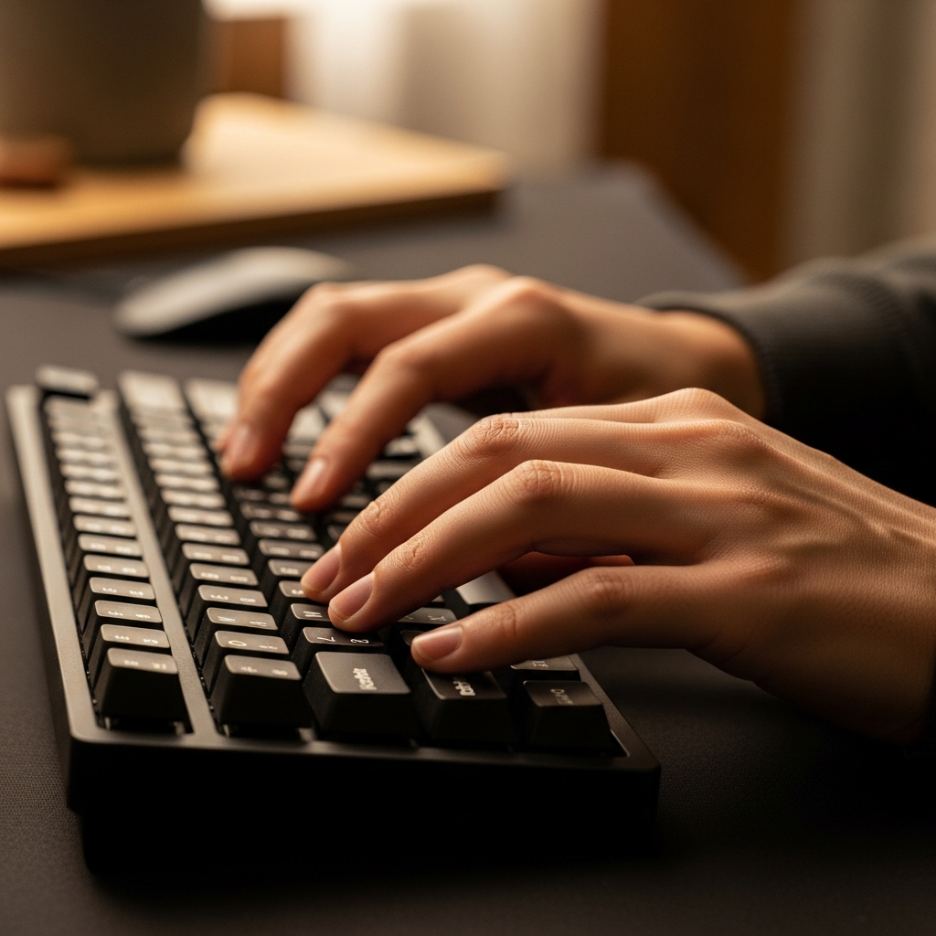 A close-up lifestyle photography shot of hands typing smoothly and quietly on a Keychron Q1 HE mechanical keyboard. The focus is on the fingers on the keycaps, with a slight blur in the background. Warm lighting, natural setting. No visible text.