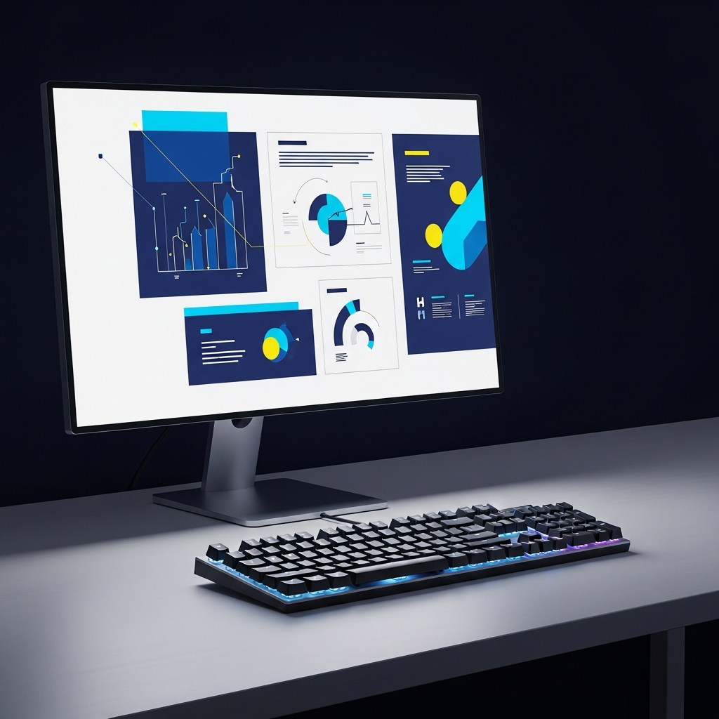 A sleek, modern mechanical keyboard (Keychron Q1 HE) on a minimalist desk setup with a computer monitor. The keyboard features subtle RGB lighting. The overall style is clean infographic, modern layout, high contrast. No visible text.