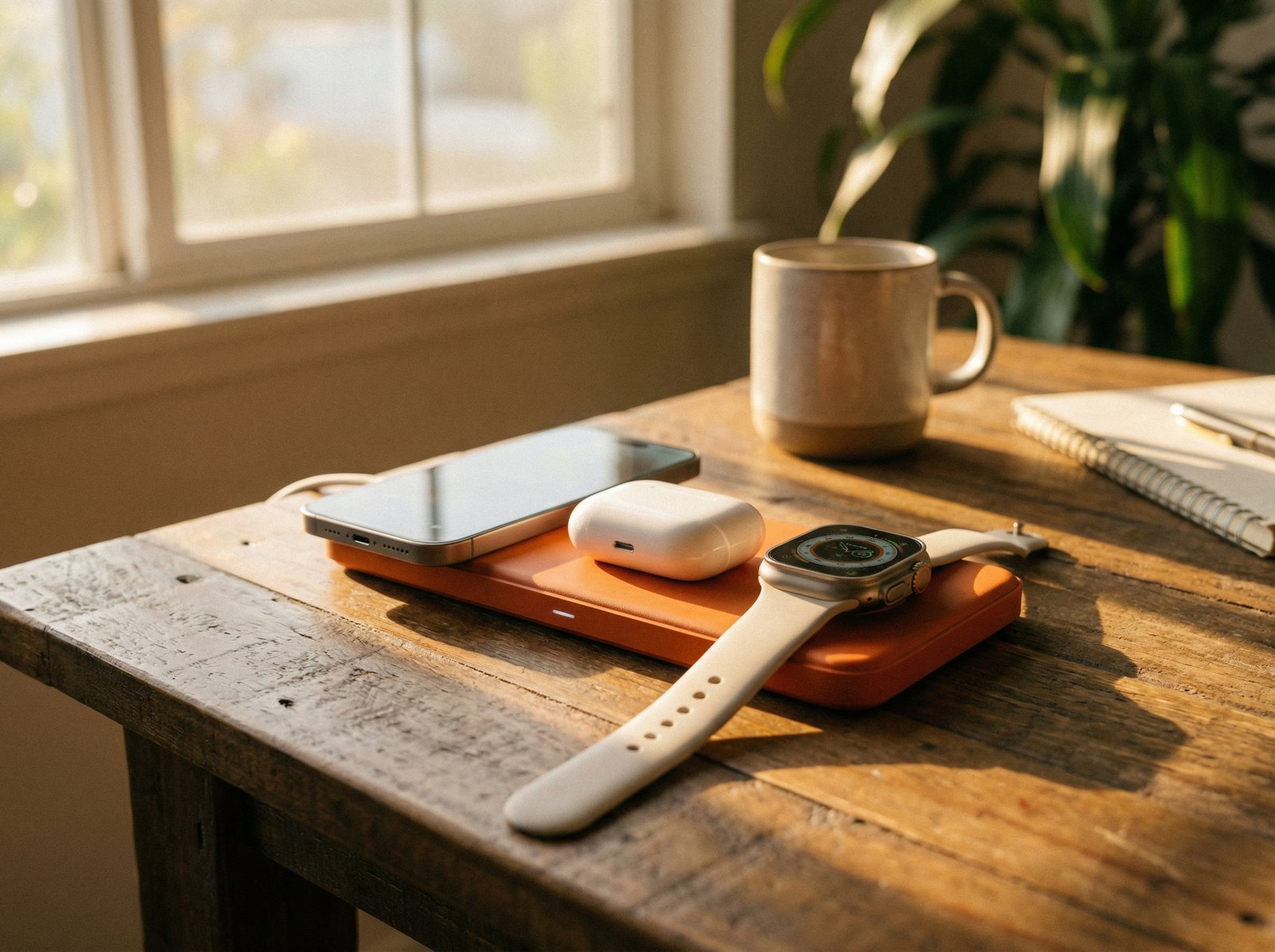 A compact, orange-colored Qi2.2 wireless charger charging an iPhone, AirPods, and Apple Watch on a wooden desk, lifestyle photography, warm lighting, no visible text, aspect ratio 4:3