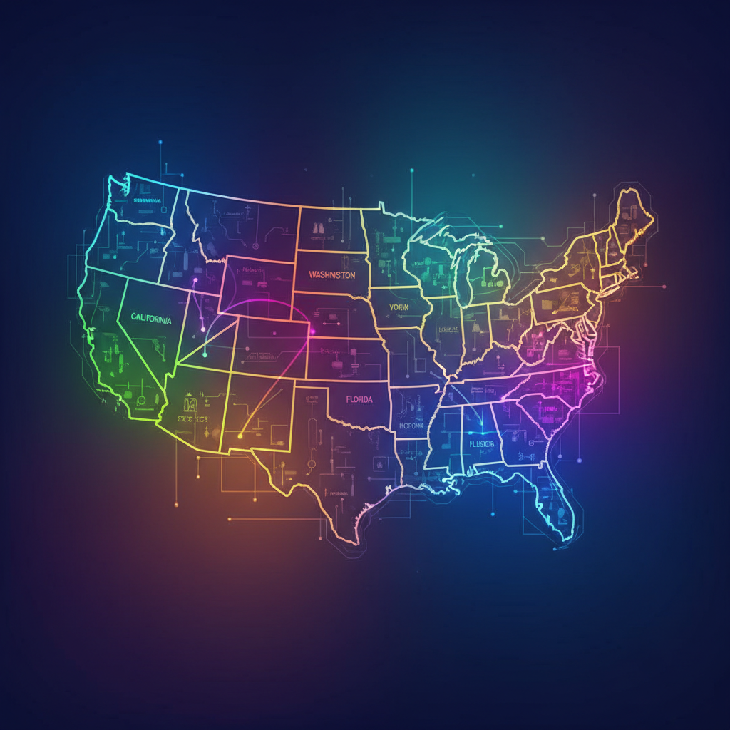 A modern clean infographic showing a stylized map of the United States with specific states highlighted in vibrant colors, tech-focused aesthetic, rich colored background, no text, 4:3