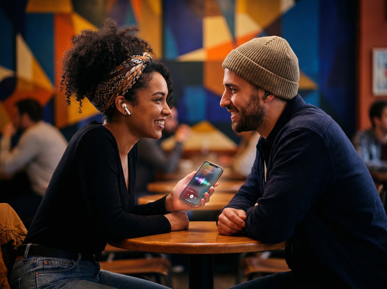 Two people from different cultural backgrounds conversing naturally, with subtle visual cues indicating real-time translation happening on their Apple devices (e.g., AirPods in ears, iPhone displaying translated captions), showing connection and understanding, informational style, high contrast, colored abstract background, full frame, centered focus, no visible text, 4:3 aspect ratio, no Korean text.