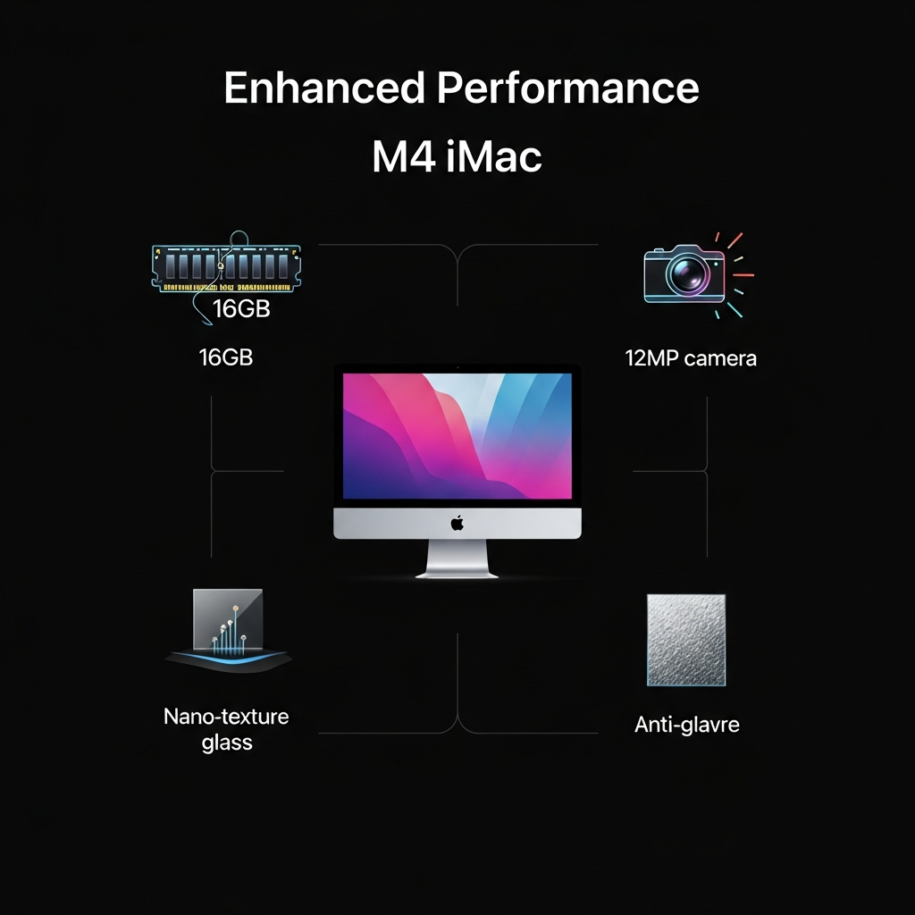 A clean infographic illustrating the enhanced performance of an M4 iMac. Key features like 16GB RAM, 12MP camera, and Nano-texture glass are highlighted with modern icons. Style: clean infographic, modern layout, high contrast. No visible text.