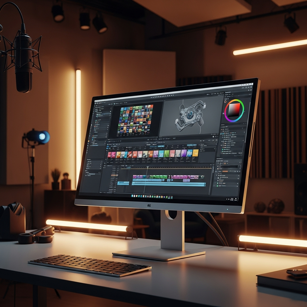 A sleek and modern 32-inch all-in-one desktop computer with a slim metallic finish, high-resolution screen showing creative software, professional studio setting, warm ambient lighting, no text