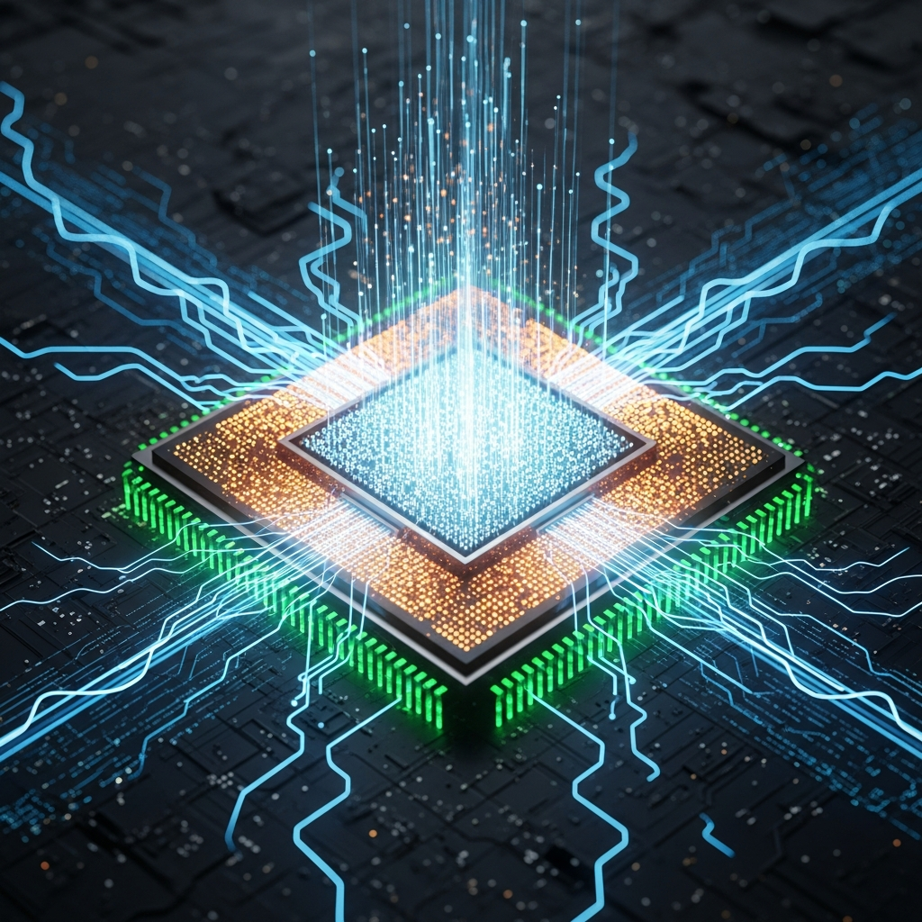 An abstract representation of a powerful M5 chip with neural accelerators, visualizing enhanced AI capabilities for graphics and image generation. Artistic rendering, textured background, bright balanced lighting, no text.