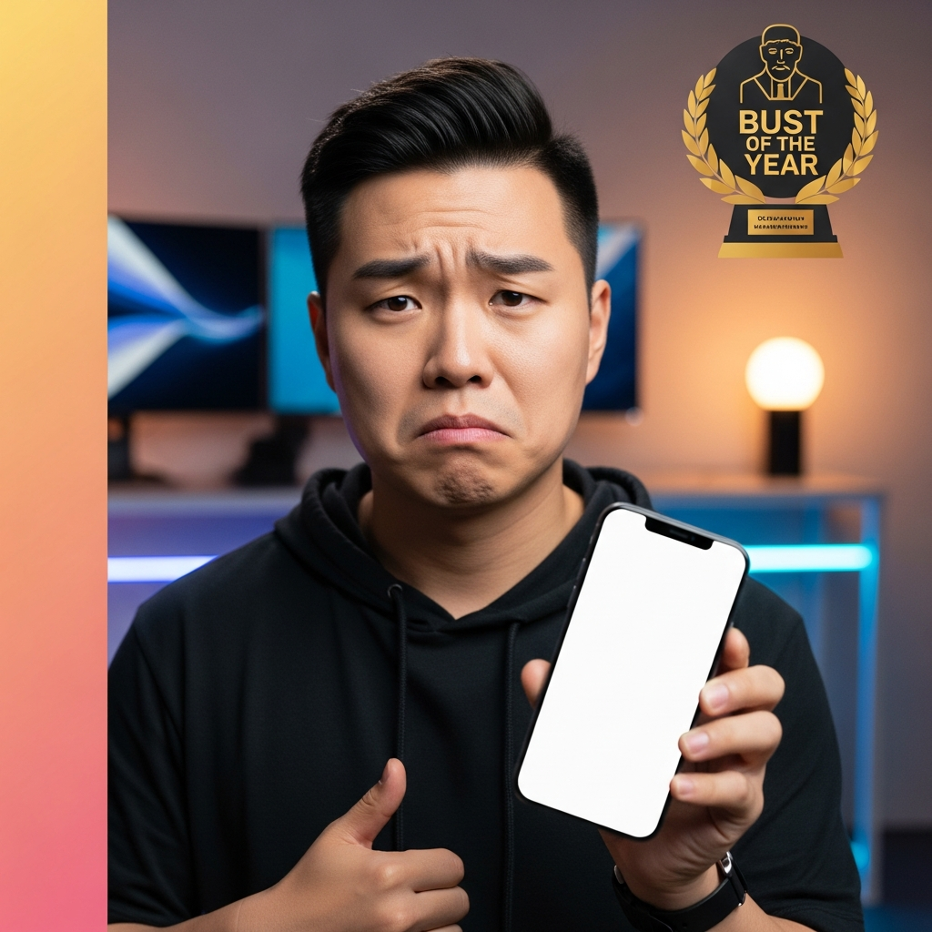 A professional tech reviewer, Korean male, expressing disappointment while holding a generic smartphone resembling an iPhone, with a "Bust of the Year" award graphic subtly in the background. Warm studio lighting, modern tech setup background, no visible text on screen, centered focus, gradient background.