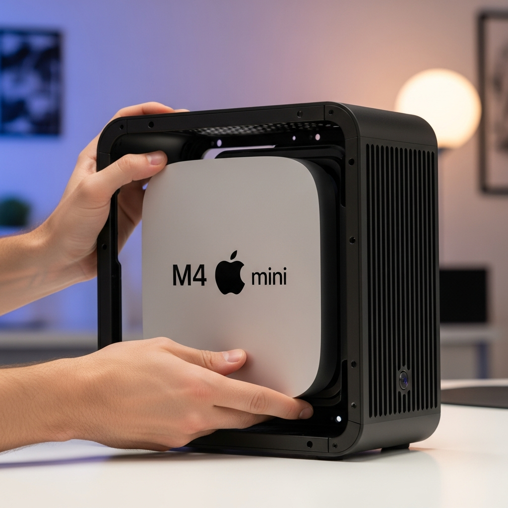 A pair of hands carefully placing an M4 Mac mini into the Ulanzi QT01 mount rack. The focus is on the assembly process, showing the Mac mini snugly fitting into the stylish PC case. The background is a clean, modern workspace. Soft, diffused lighting. Colored background, visually rich. No visible text.