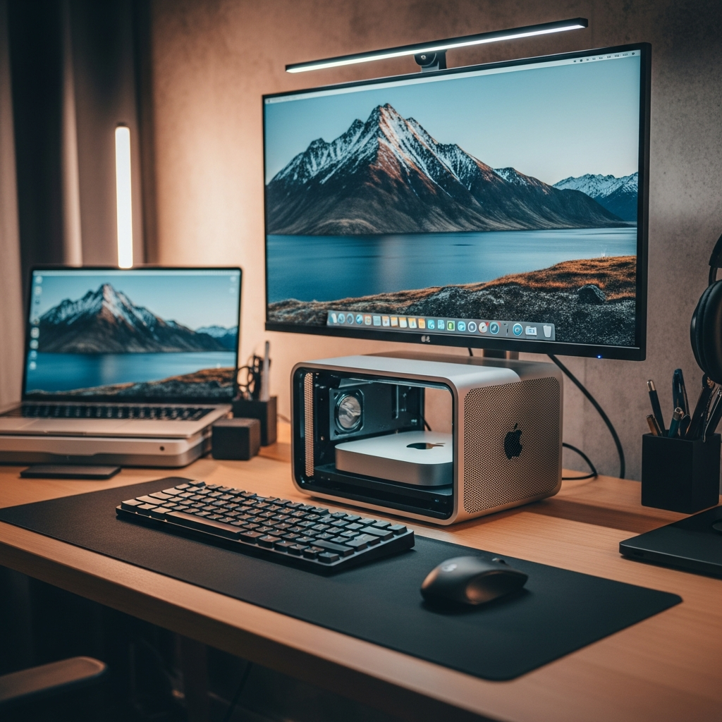 A beautifully arranged modern desk setup featuring an M4 Mac mini housed within the Ulanzi QT01 case, resembling a Mac Pro. High-resolution monitor, ergonomic keyboard, and mouse are visible. The overall aesthetic is clean, professional, and inspiring for creative work. Soft ambient lighting, textured wall background. No visible text.
