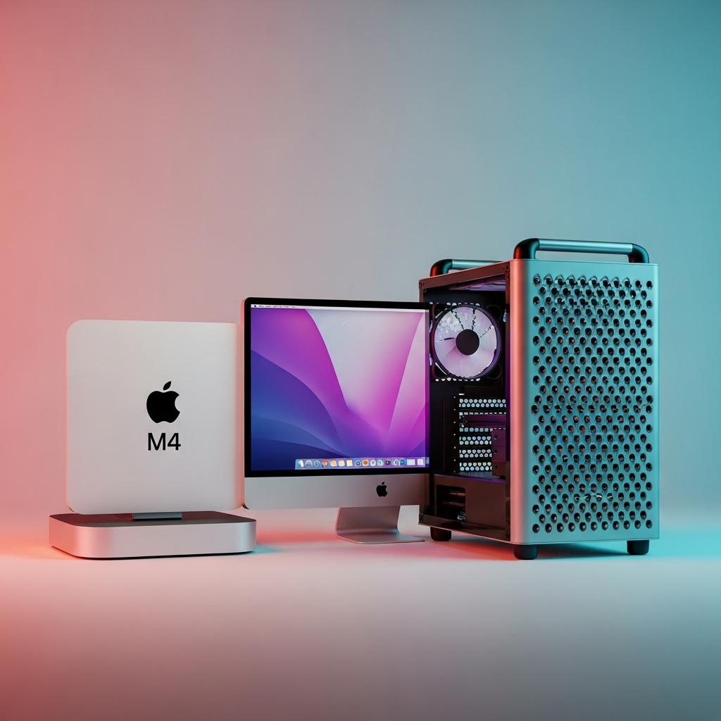 A sleek M4 Mac mini desktop computer transforming into a powerful Mac Pro style workstation within a stylish, modern PC case. The case has a 'cheese-grater' front panel design. The scene is set on a minimalist desk with soft, balanced lighting. Colored background with gradient, visually rich. No visible text.