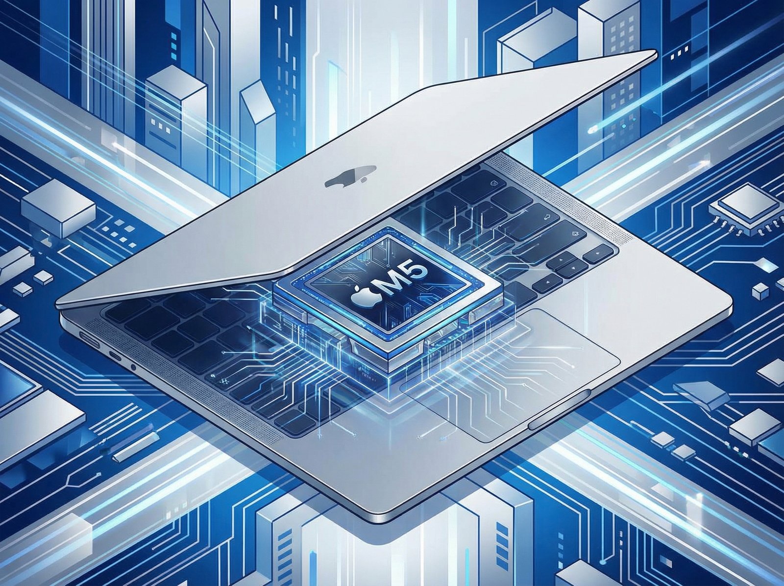 A sleek, modern illustration of a MacBook Air with an abstract M5 chip glowing inside, set against a futuristic, high-contrast blue and silver background, no visible text, aspect ratio 4:3.