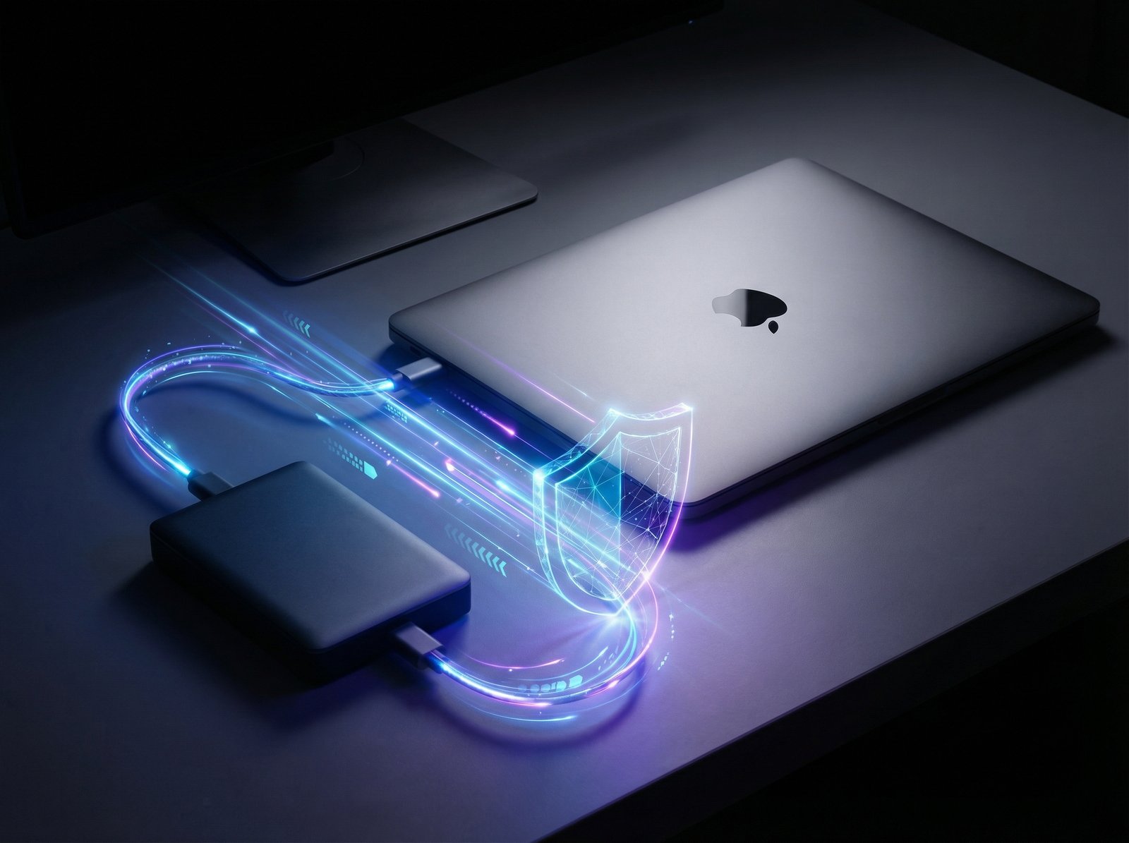 A MacBook connected to an external hard drive, symbolizing data backup, with abstract visual elements suggesting data flow or protection, informational style, high contrast, no visible text, aspect ratio 4:3
