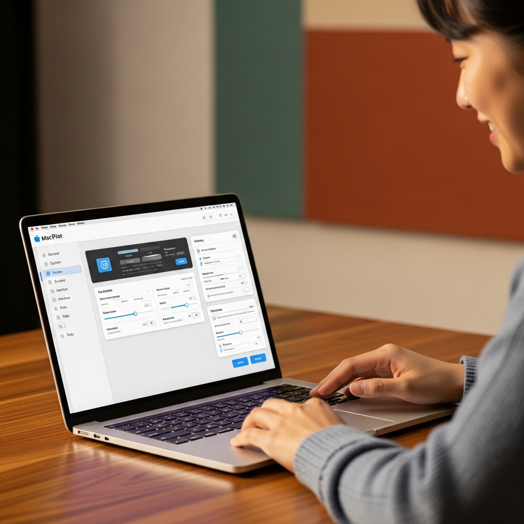 A user interacting with the MacPilot software interface on a MacBook, showing various customization options and tools. The screen displays a clean, modern UI. Lifestyle photography, warm lighting, colored background, Korean person, no visible text.