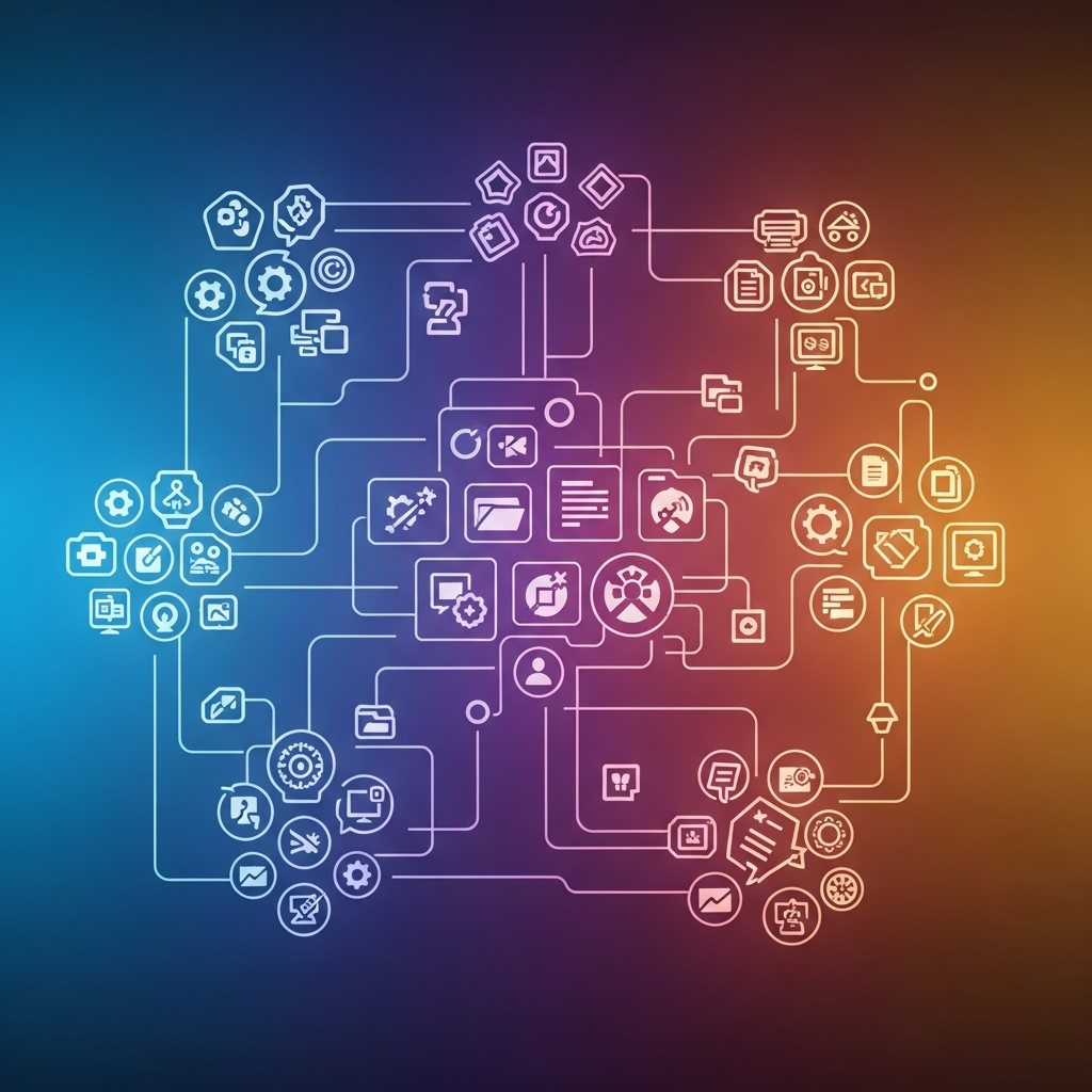 An abstract visual representation of the MacPilot software's extensive customization options, with interconnected elements symbolizing the vast array of tweaks available. The style is a clean infographic with high contrast on a dynamic gradient background. Visually rich, no text.
