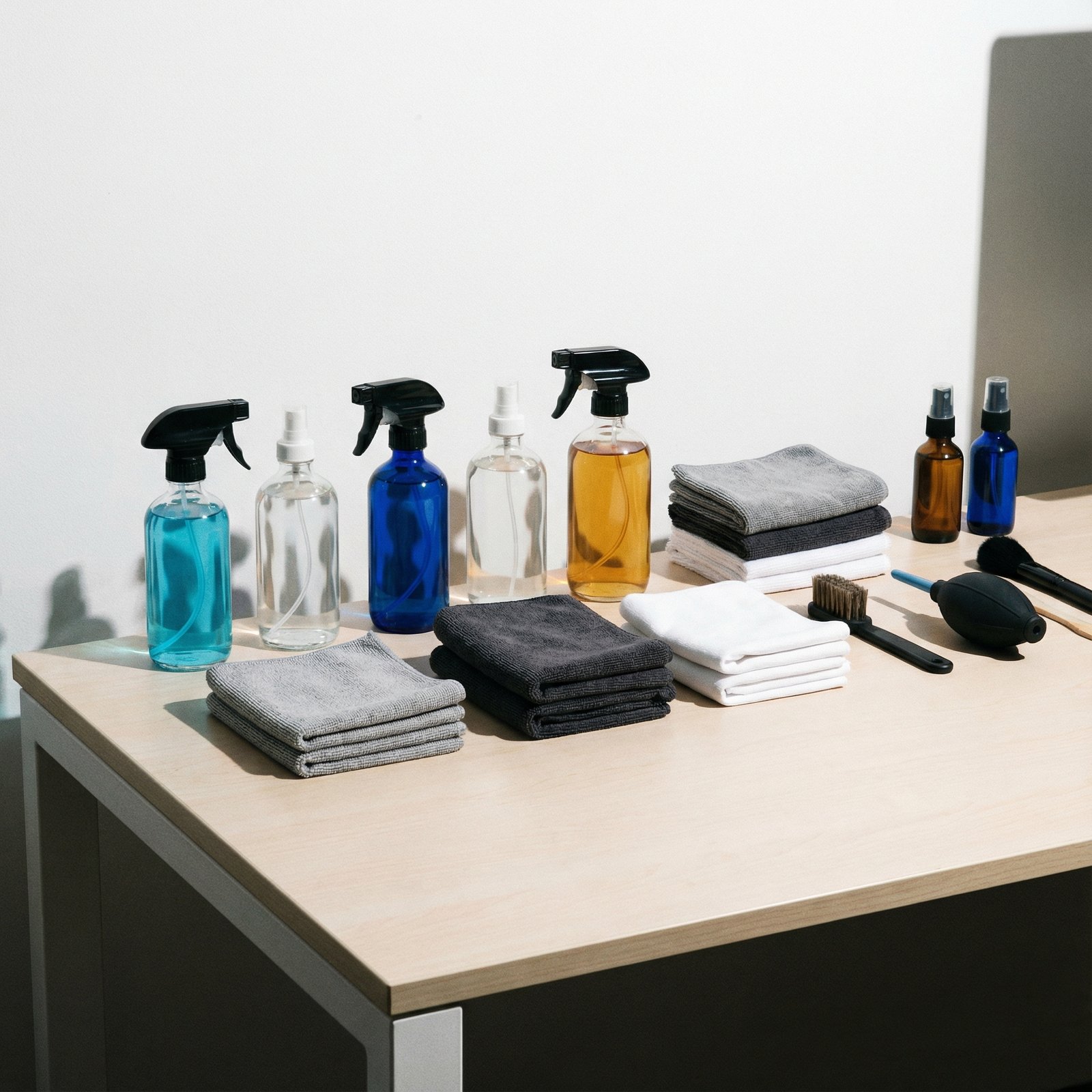 A collection of electronic device cleaning solutions, including spray bottles and microfiber cloths, neatly arranged on a minimalist desk surface. The composition is clean and informational, with high contrast. No visible text. 1:1 aspect ratio.