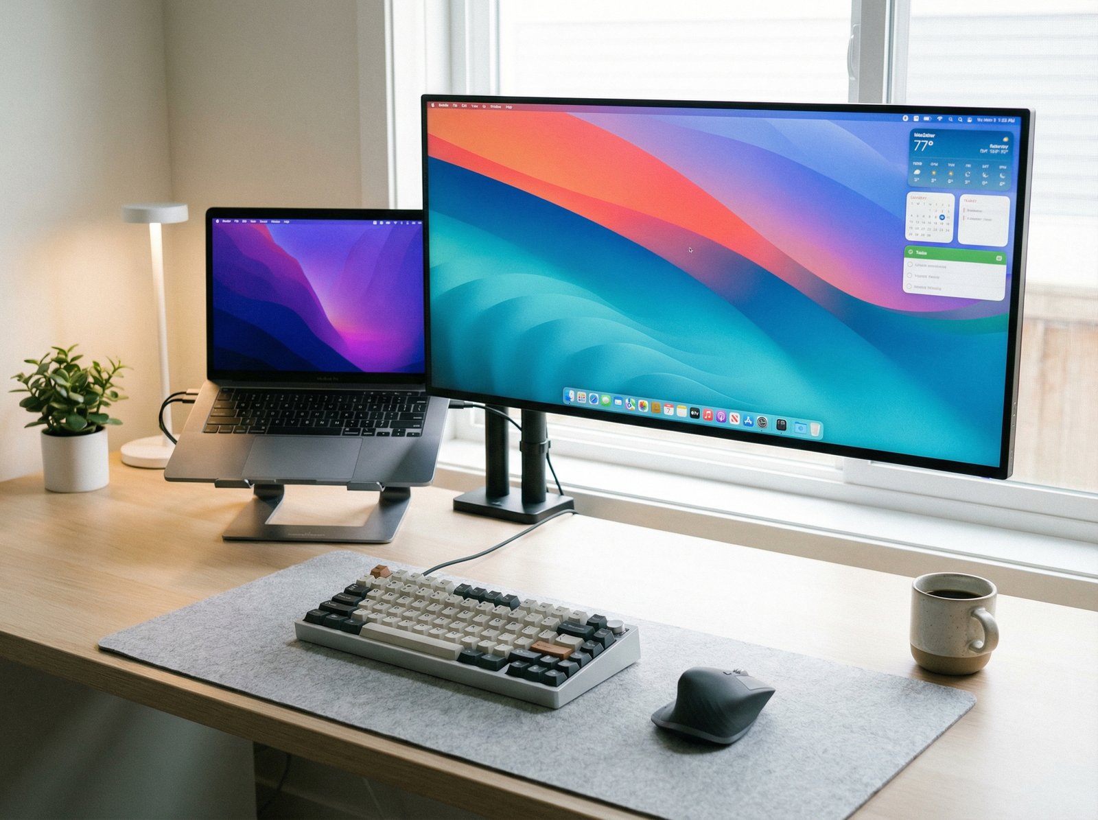 A clean and modern desk setup with a MacBook Pro connected to an external monitor, a third-party ergonomic mouse, and a mechanical keyboard. There are a few widgets displayed on the macOS desktop. The overall atmosphere is productive and efficient. aspect ratio 4:3, no visible text, no Korean text