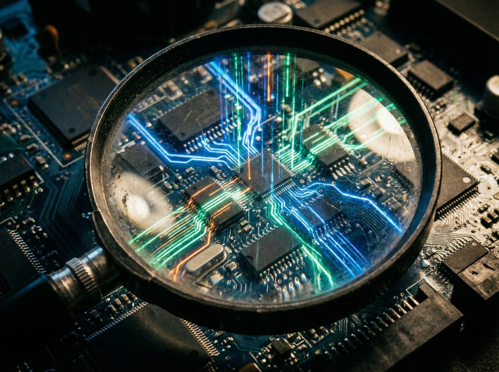 A close-up, high-contrast shot of a magnifying glass examining a complex circuit board with glowing secure data points, symbolizing deep security analysis. No visible text. Aspect ratio 4:3.