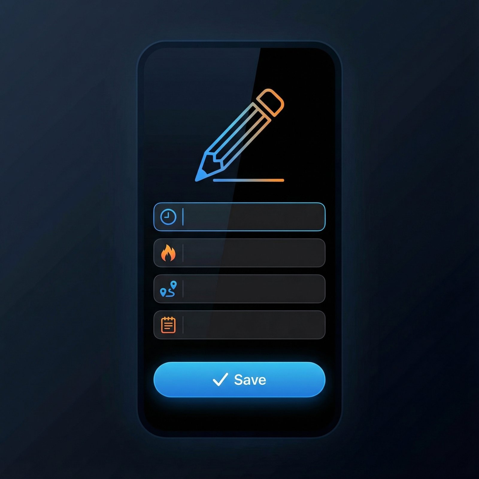 Clean infographic showing the iOS 26 Fitness app screen for manual workout logging, with a pencil icon and input fields, modern layout, high contrast, no visible text, 1:1 aspect ratio.